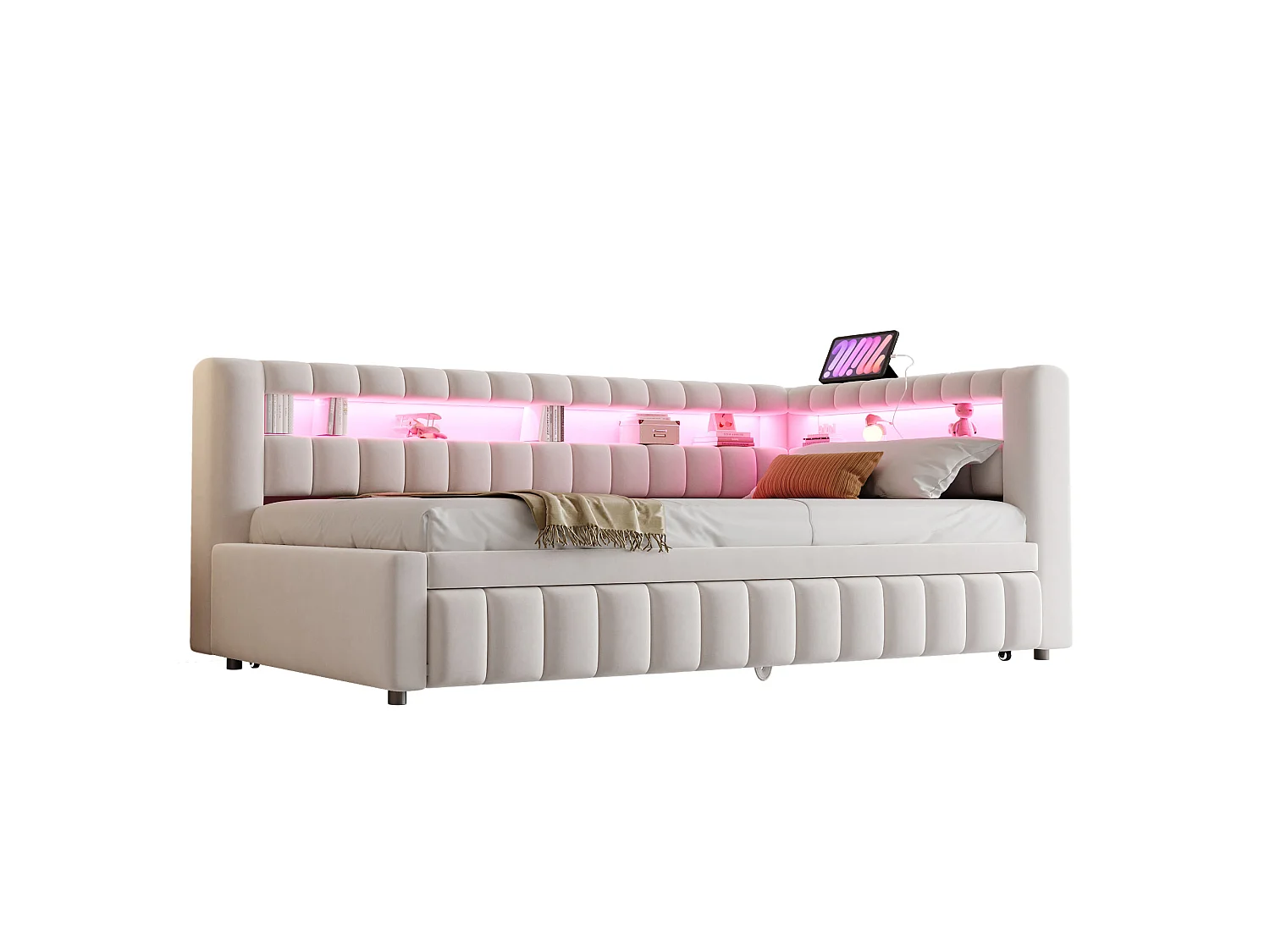 Canapé-lit capitonné 90x200cm - avec lumière LED - avec port de chargement USB - tissu velours - beige (matelas non inclus)
