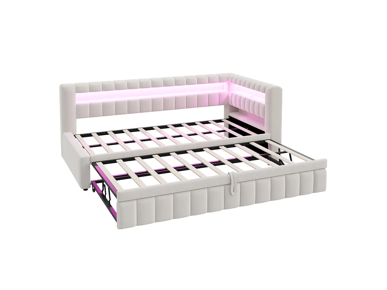 Canapé-lit capitonné 90x200cm - avec lumière LED - avec port de chargement USB - tissu velours - beige (matelas non inclus)