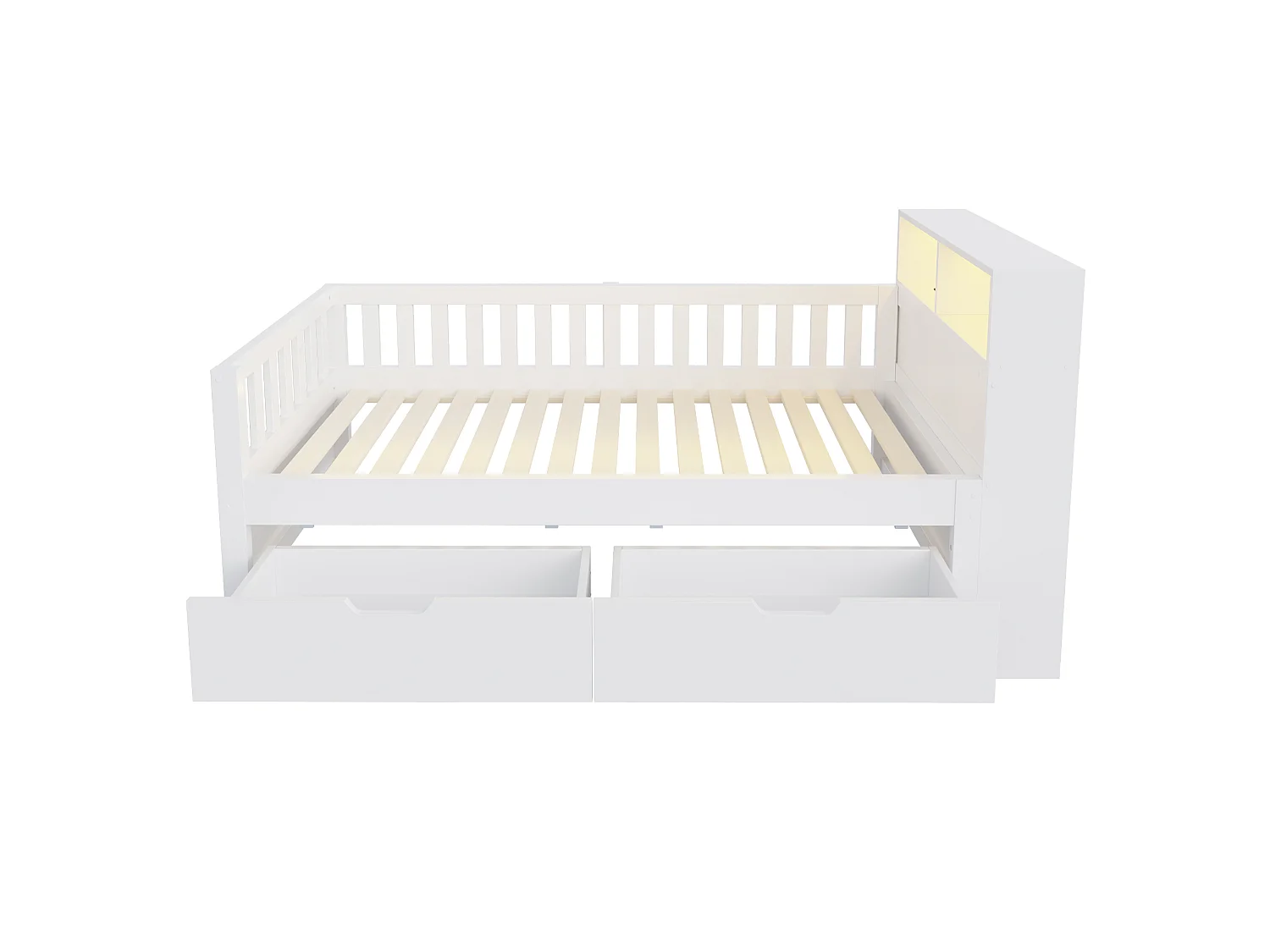 Lit multifonctionnel en bois 90 x 200 cm - avec 2 tiroirs - avec compartiments de rangement - avec prise électrique + éclairage LED - blanc (matelas non inclus)