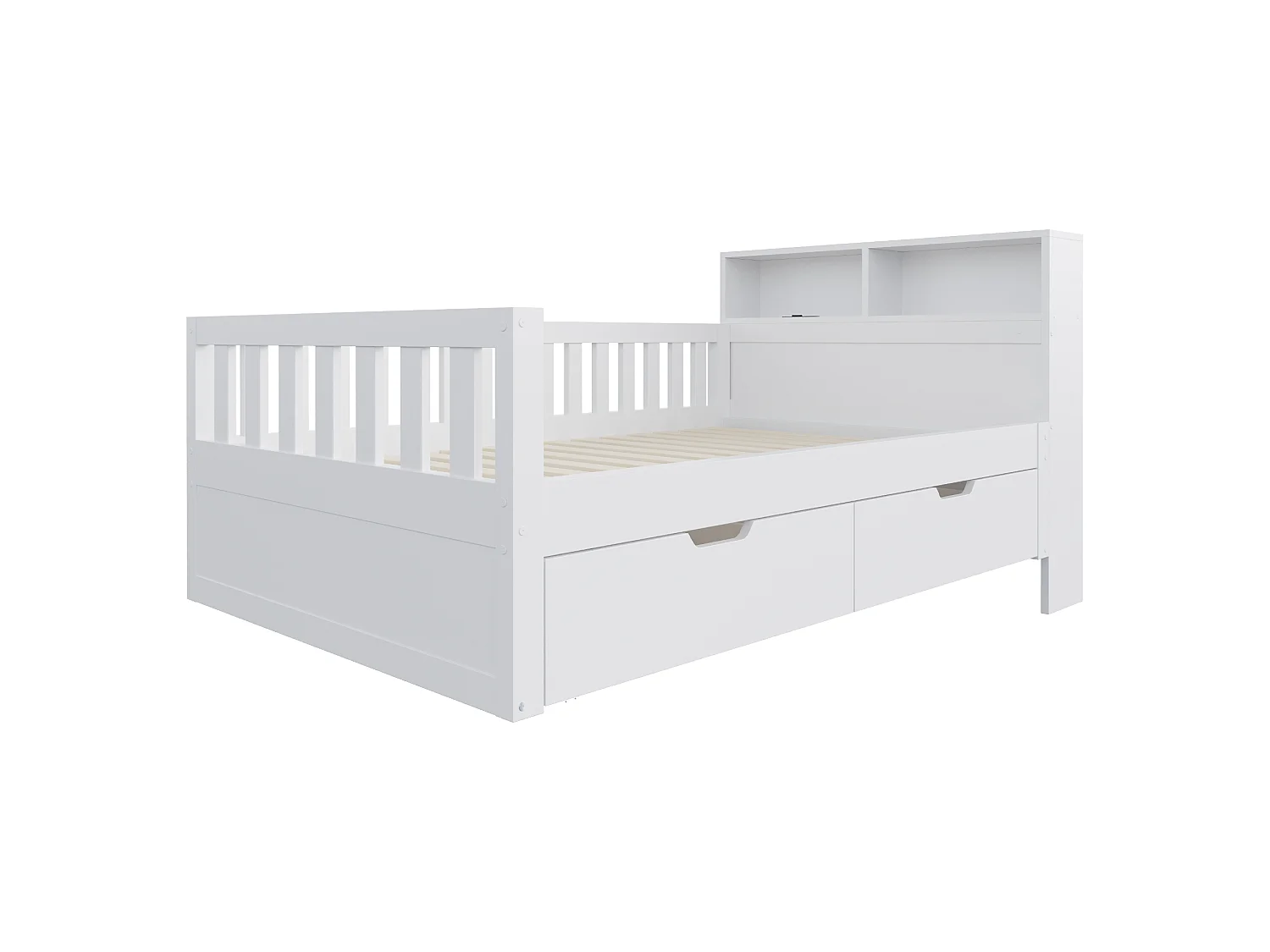 Lit multifonctionnel en bois 90 x 200 cm - avec 2 tiroirs - avec compartiments de rangement - avec prise électrique + éclairage LED - blanc (matelas non inclus)