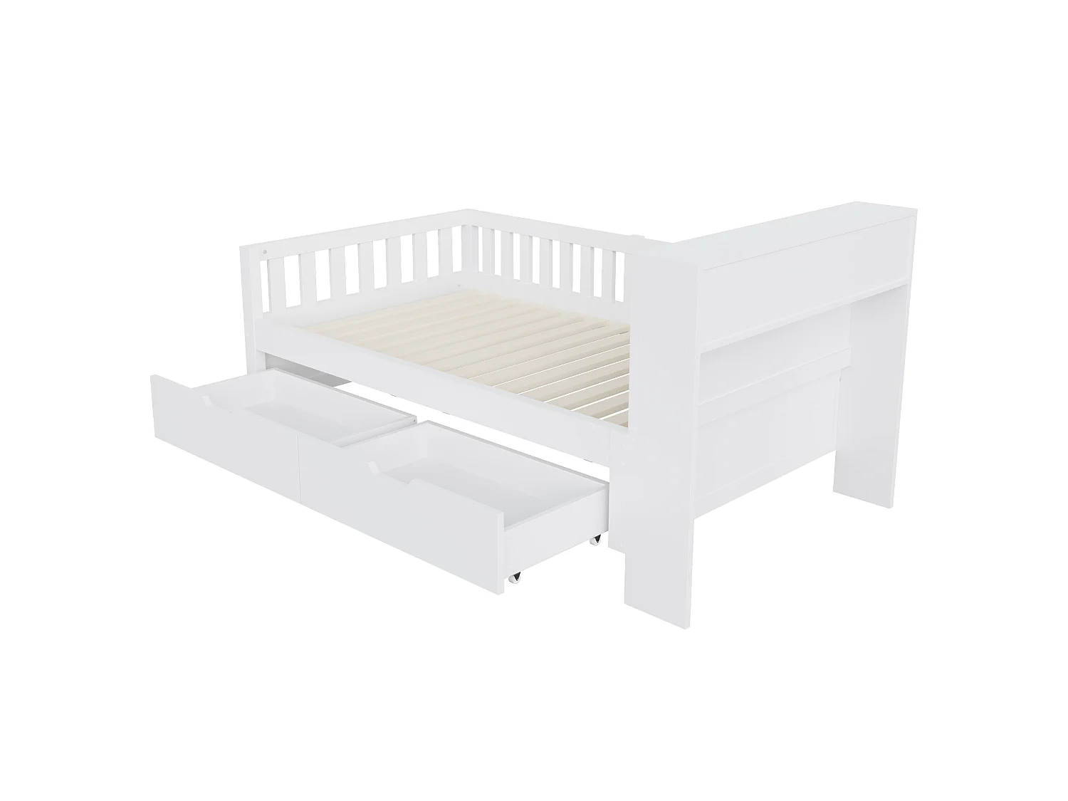 Lit multifonctionnel en bois 90 x 200 cm - avec 2 tiroirs - avec compartiments de rangement - avec prise électrique + éclairage LED - blanc (matelas non inclus)