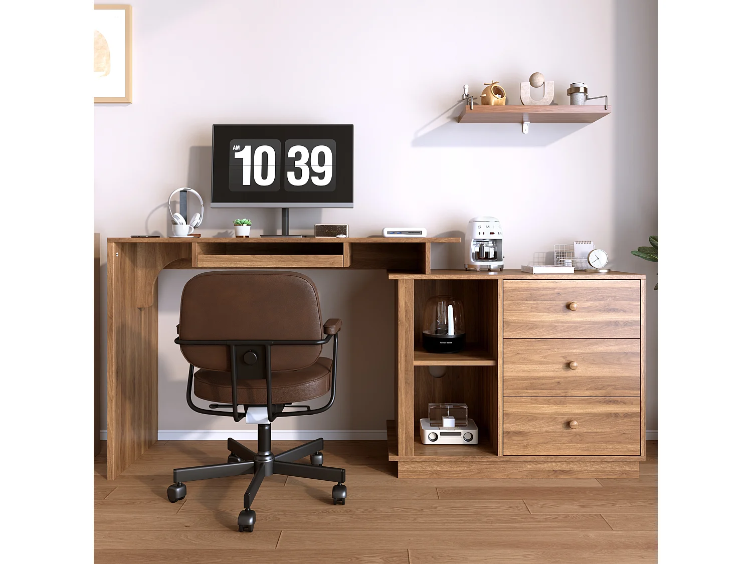 Modern uitschuifbaar bureau - toetsenbordplateau - open opbergvakken en 3 laden - bruin