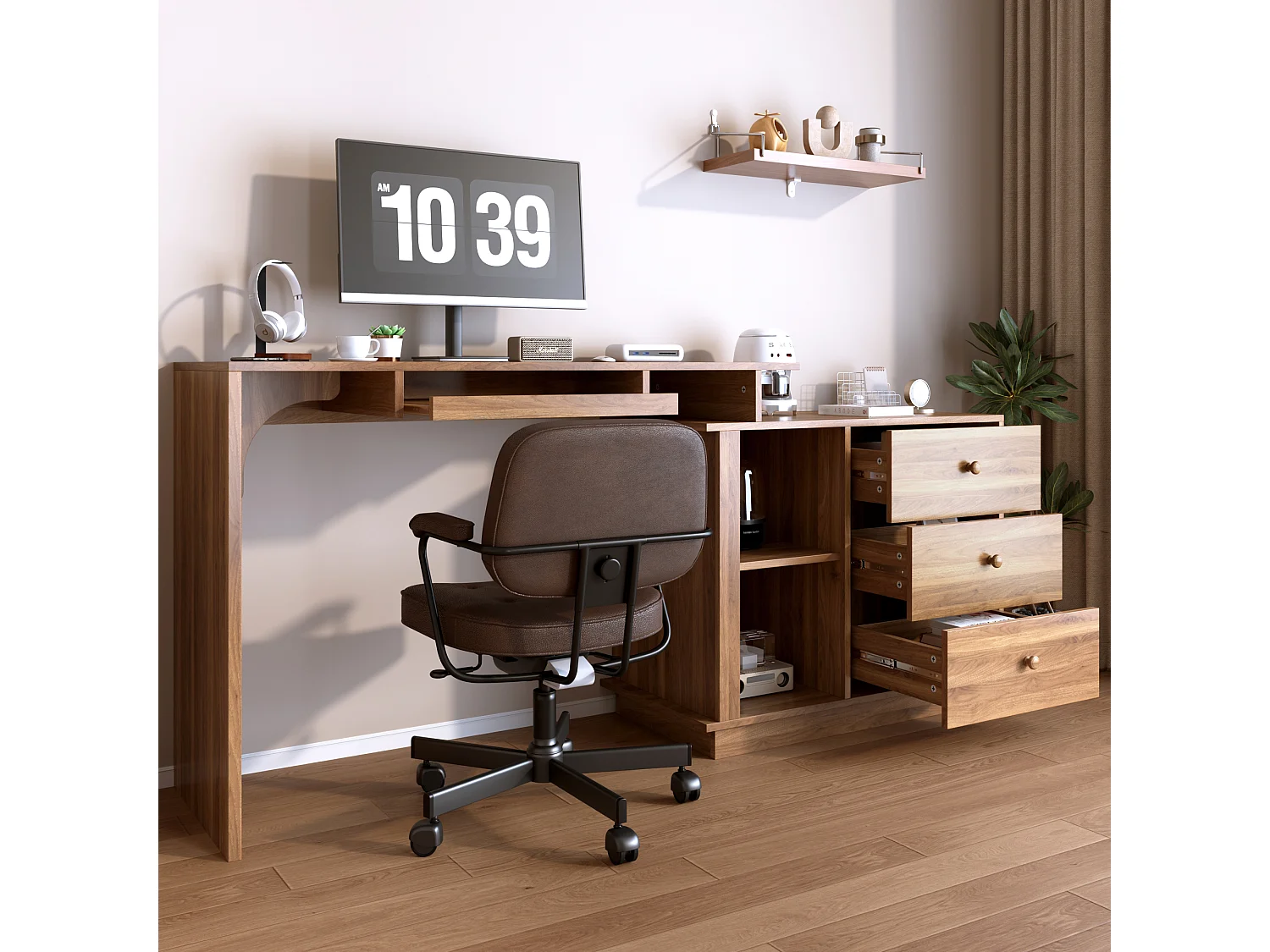 Modern uitschuifbaar bureau - toetsenbordplateau - open opbergvakken en 3 laden - bruin