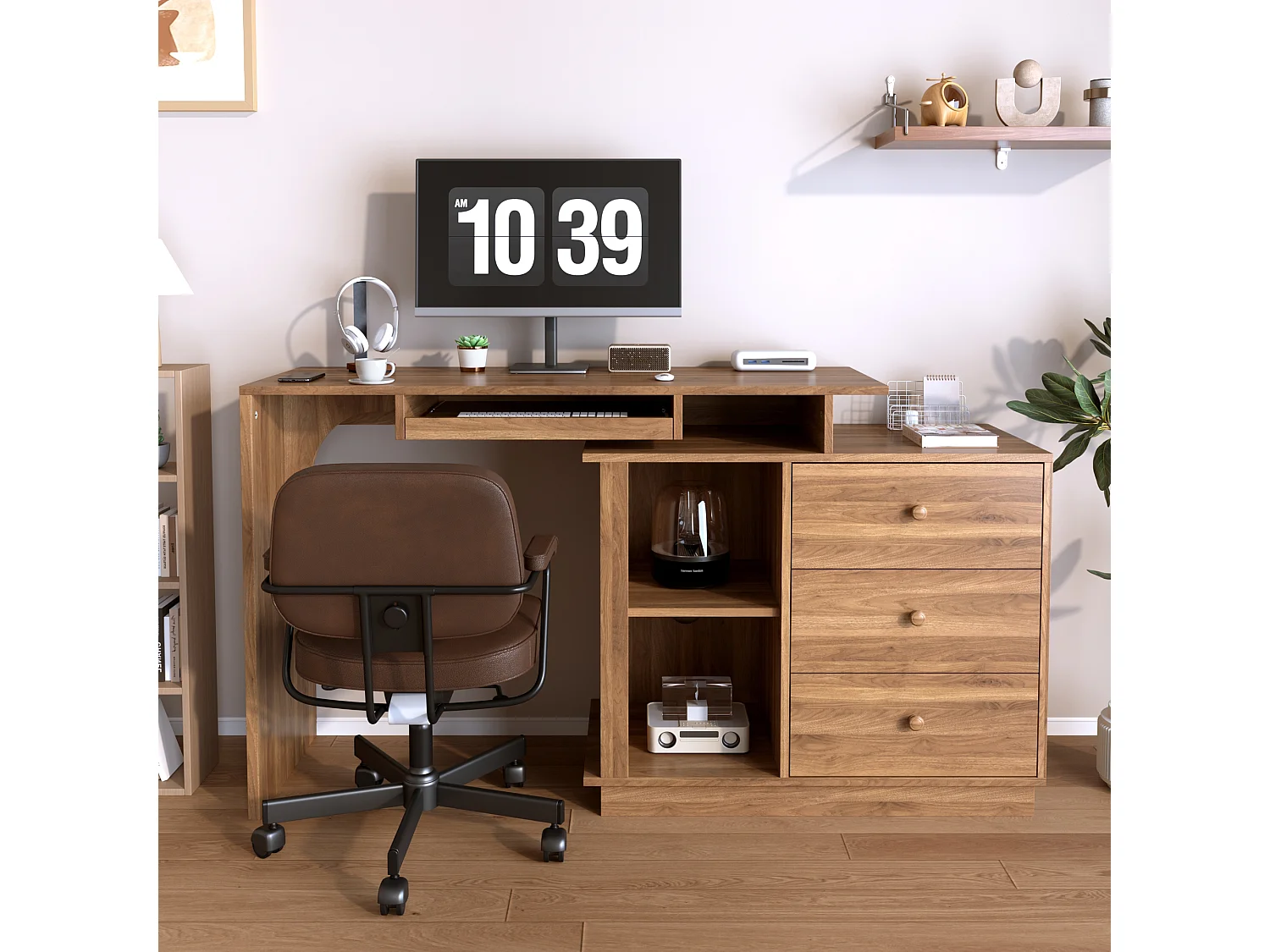 Modern uitschuifbaar bureau - toetsenbordplateau - open opbergvakken en 3 laden - bruin