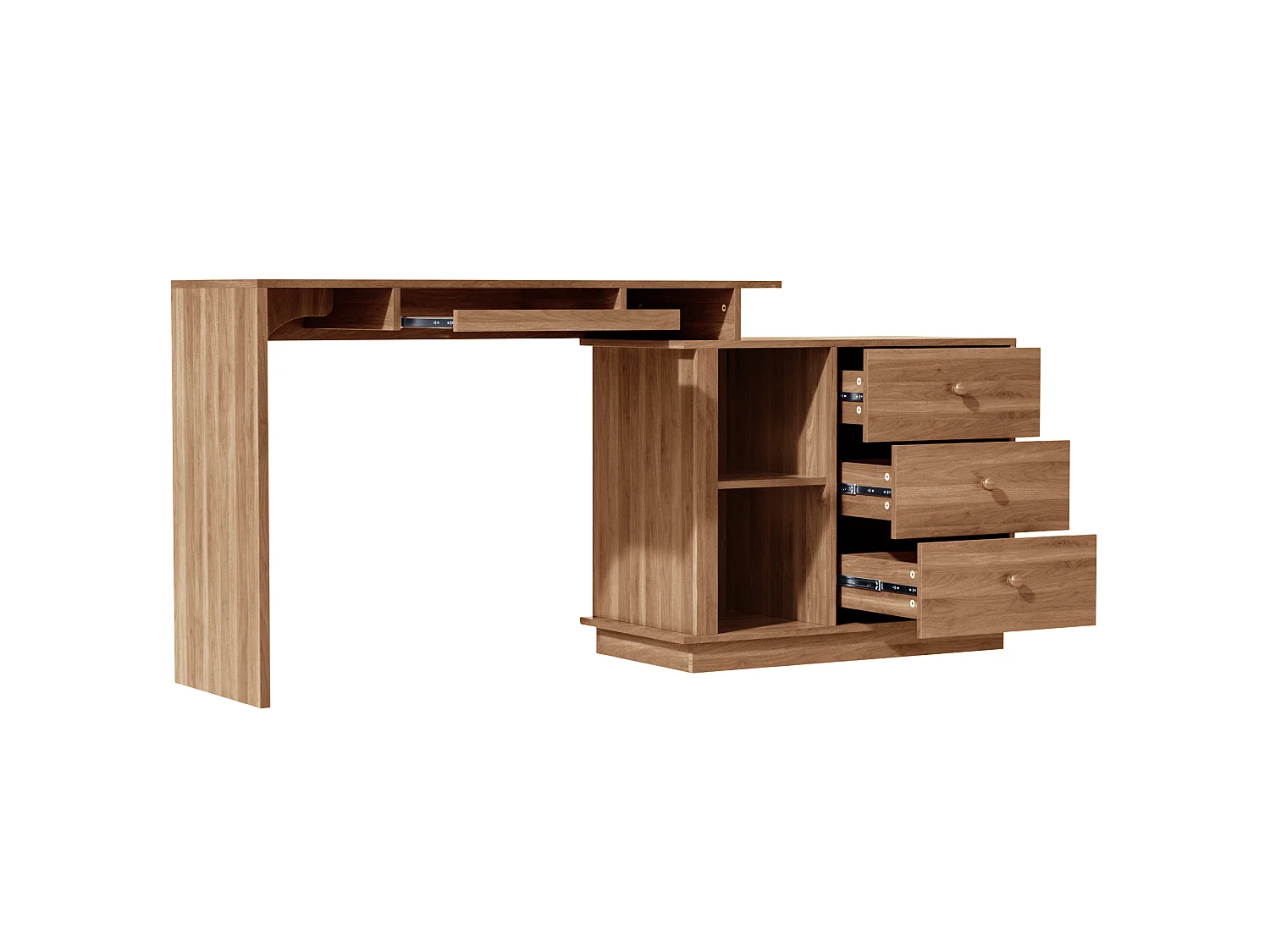 Modern uitschuifbaar bureau - toetsenbordplateau - open opbergvakken en 3 laden - bruin
