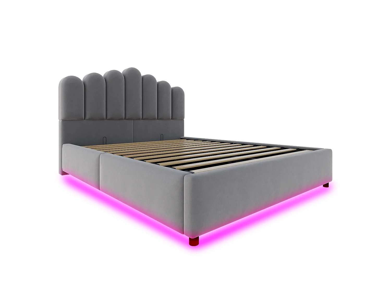 Łóżko skrzyniowe tapicerowane 140 × 200 cm - z oświetleniem LED - stelażem listwowym - tkaniną welurową - szary (materac nie w zestawie)