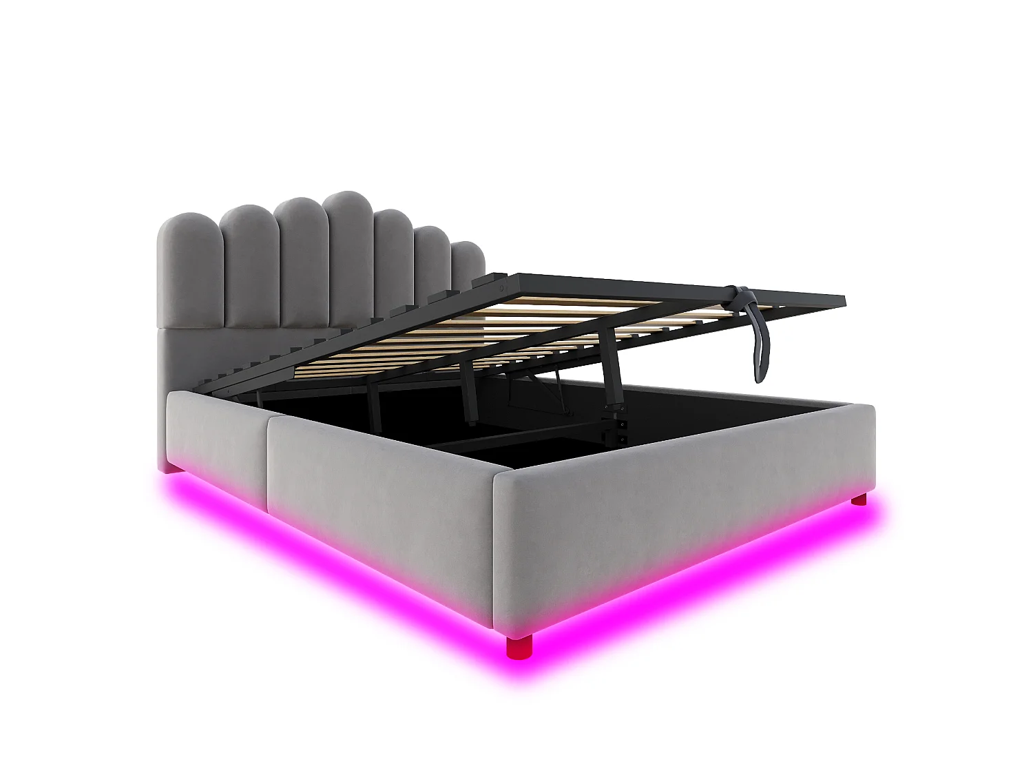 Łóżko skrzyniowe tapicerowane 140 × 200 cm - z oświetleniem LED - stelażem listwowym - tkaniną welurową - szary (materac nie w zestawie)