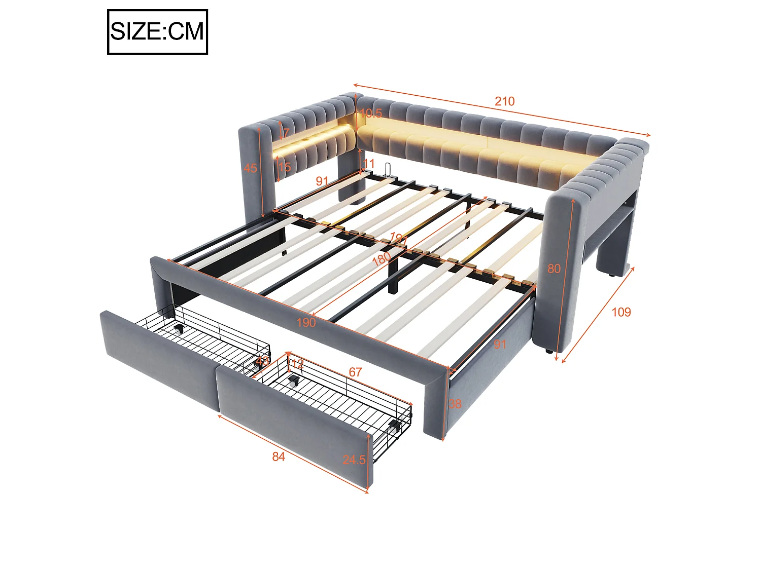 Canapé-lit capitonné 180 × 190 cm - avec lit gigogne - avec 2 tiroirs - avec éclairage LED - avec ports USB + Type-C - gris foncé (matelas non inclus)