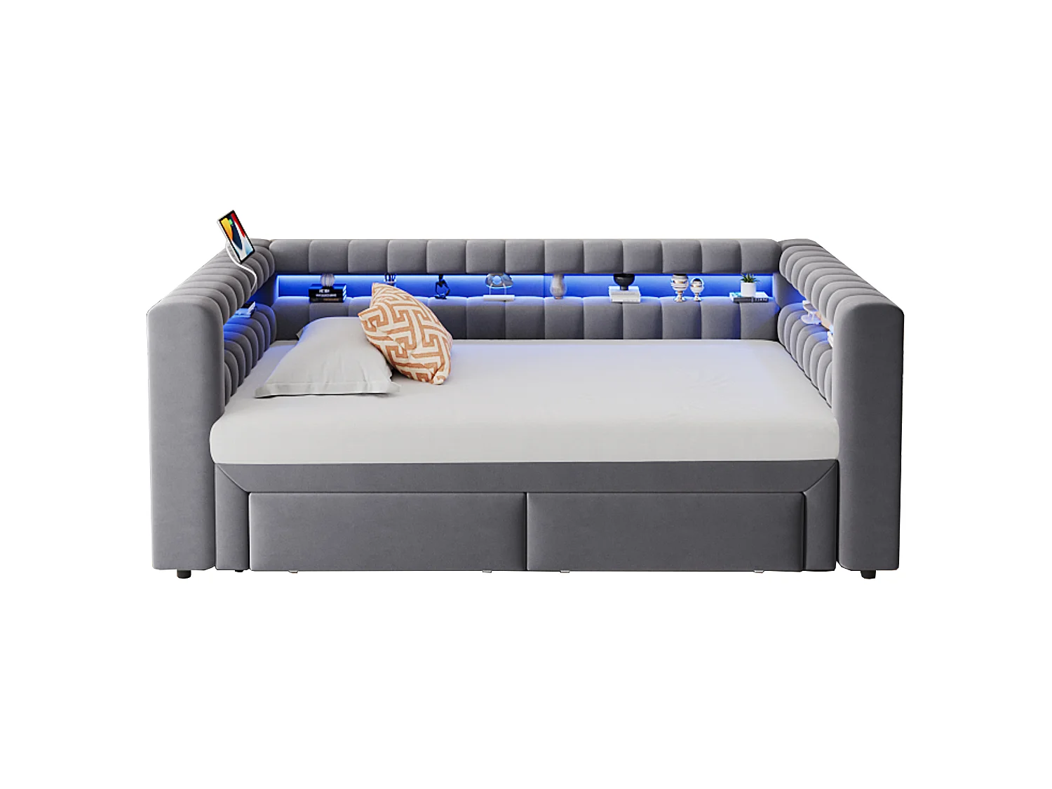 Canapé-lit capitonné 180 × 190 cm - avec lit gigogne - avec 2 tiroirs - avec éclairage LED - avec ports USB + Type-C - gris foncé (matelas non inclus)
