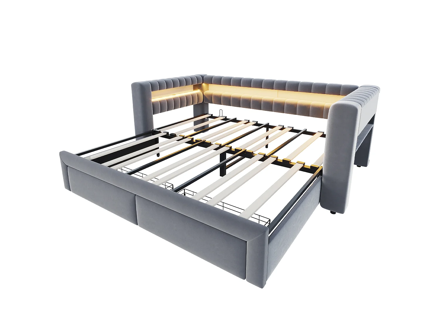 Canapé-lit capitonné 180 × 190 cm - avec lit gigogne - avec 2 tiroirs - avec éclairage LED - avec ports USB + Type-C - gris foncé (matelas non inclus)