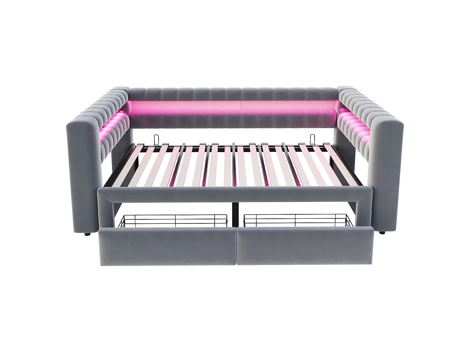 Canapé-lit capitonné 180 × 190 cm - avec lit gigogne - avec 2 tiroirs - avec éclairage LED - avec ports USB + Type-C - gris foncé (matelas non inclus)