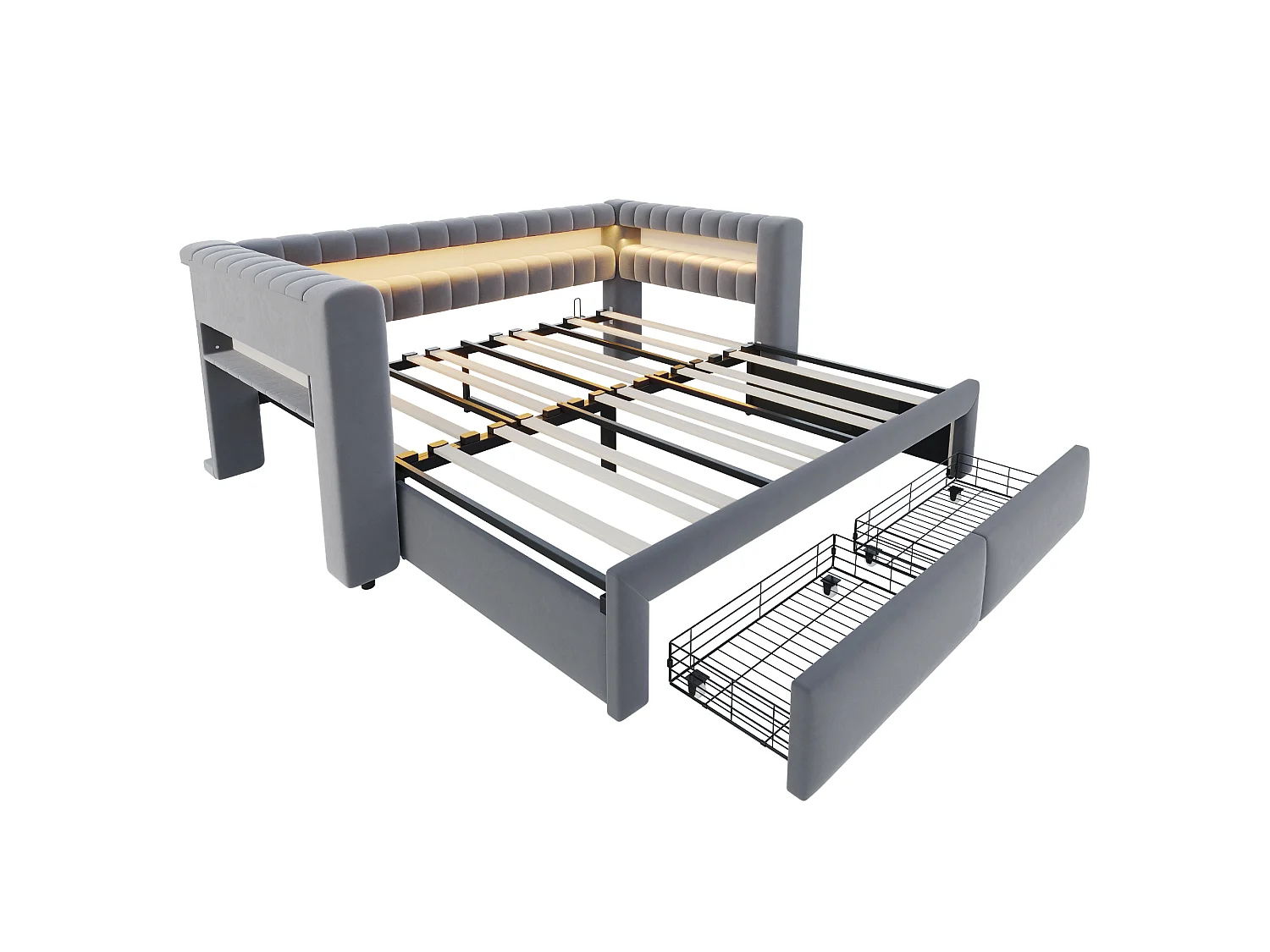 Canapé-lit capitonné 180 × 190 cm - avec lit gigogne - avec 2 tiroirs - avec éclairage LED - avec ports USB + Type-C - gris foncé (matelas non inclus)