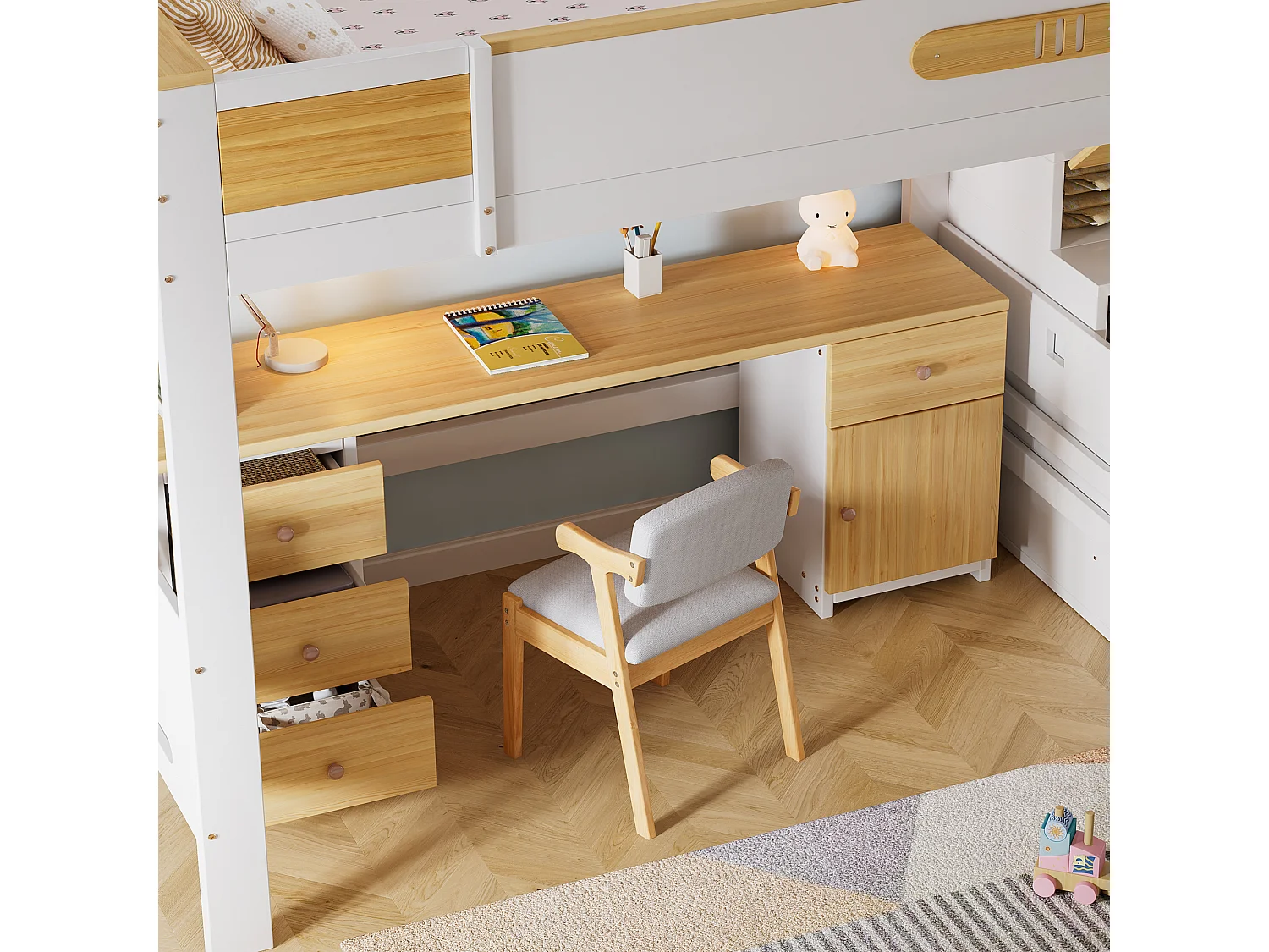 Lit mezzanine enfant 90x200 cm - avec bureau et tiroirs - escalier de rangement - Bois massif + MDF - Blanc + Naturel (sans matelas)