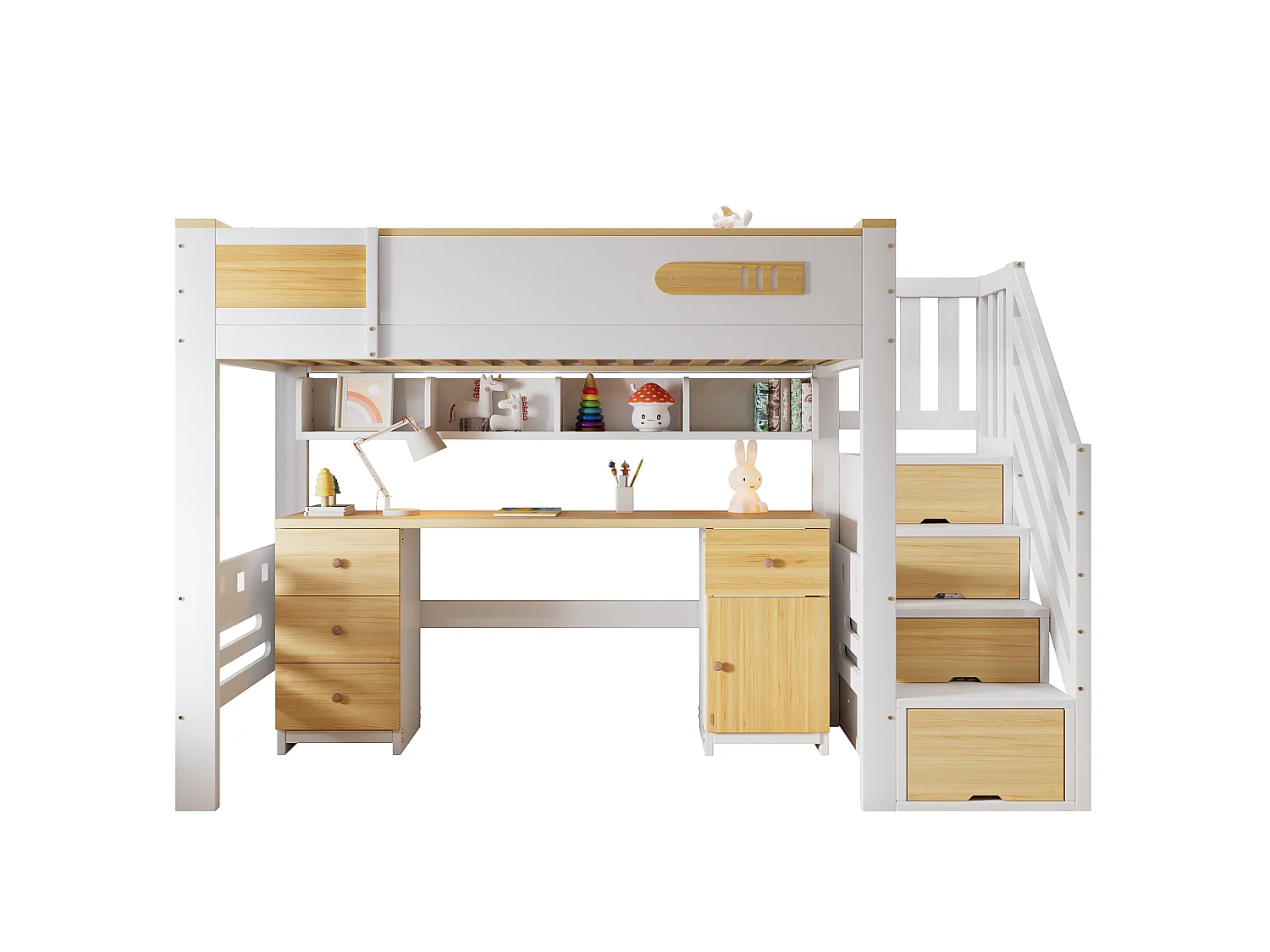 Lit mezzanine enfant 90x200 cm - avec bureau et tiroirs - escalier de rangement - Bois massif + MDF - Blanc + Naturel (sans matelas)