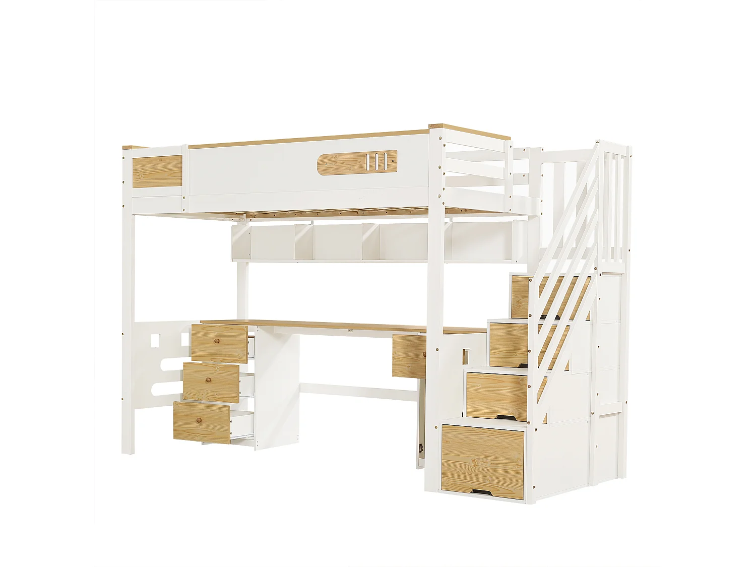 Lit mezzanine enfant 90x200 cm - avec bureau et tiroirs - escalier de rangement - Bois massif + MDF - Blanc + Naturel (sans matelas)