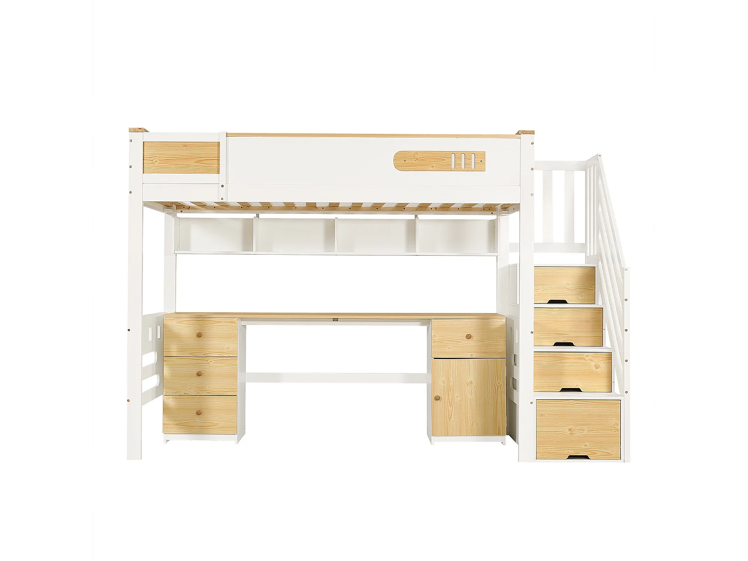 Lit mezzanine enfant 90x200 cm - avec bureau et tiroirs - escalier de rangement - Bois massif + MDF - Blanc + Naturel (sans matelas)