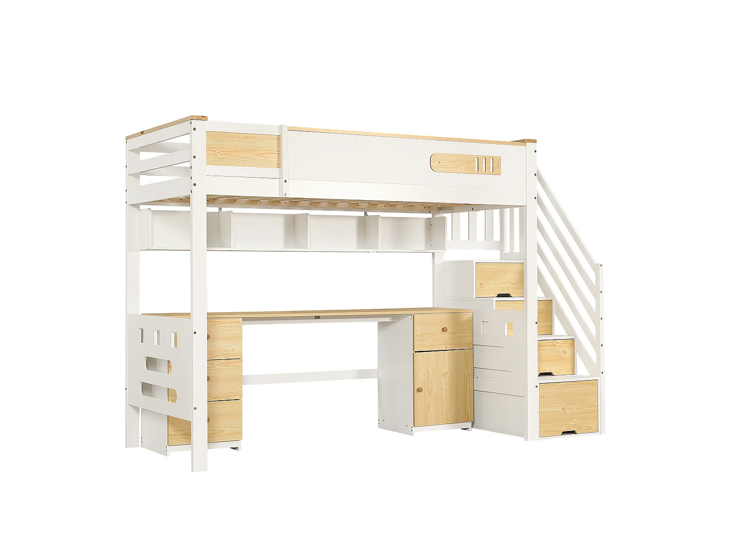 Lit mezzanine enfant 90x200 cm - avec bureau et tiroirs - escalier de rangement - Bois massif + MDF - Blanc + Naturel (sans matelas)