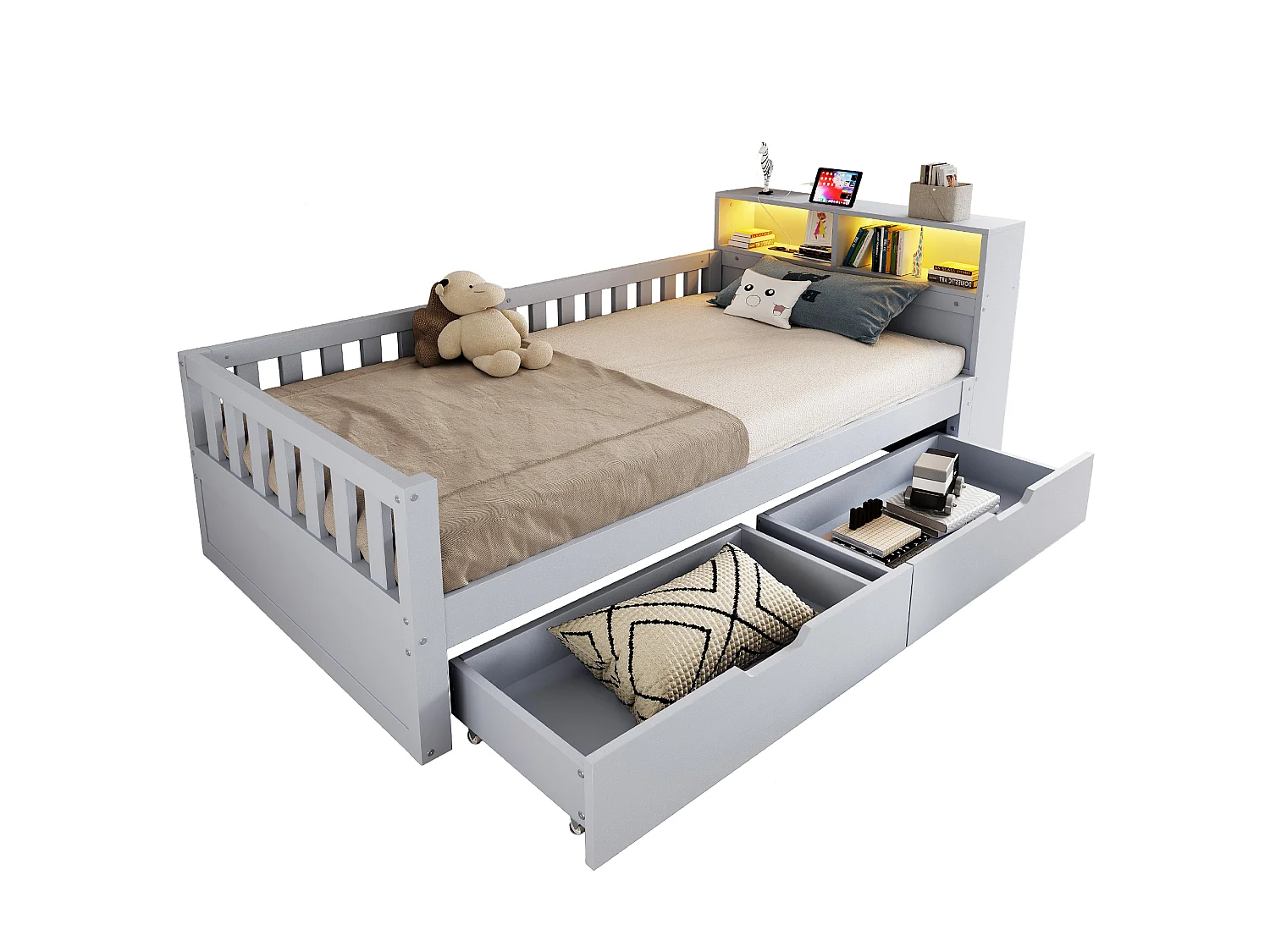 Lit multifonctionnel en bois 90 x 200 cm - avec 2 tiroirs - avec compartiments de rangement - avec prise électrique + éclairage LED - gris (matelas non inclus)