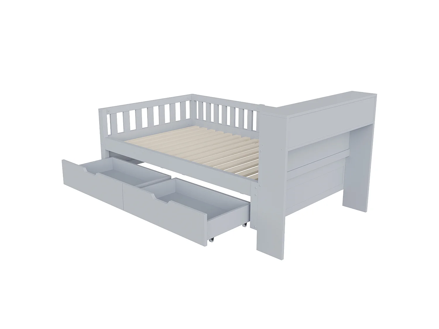 Lit multifonctionnel en bois 90 x 200 cm - avec 2 tiroirs - avec compartiments de rangement - avec prise électrique + éclairage LED - gris (matelas non inclus)