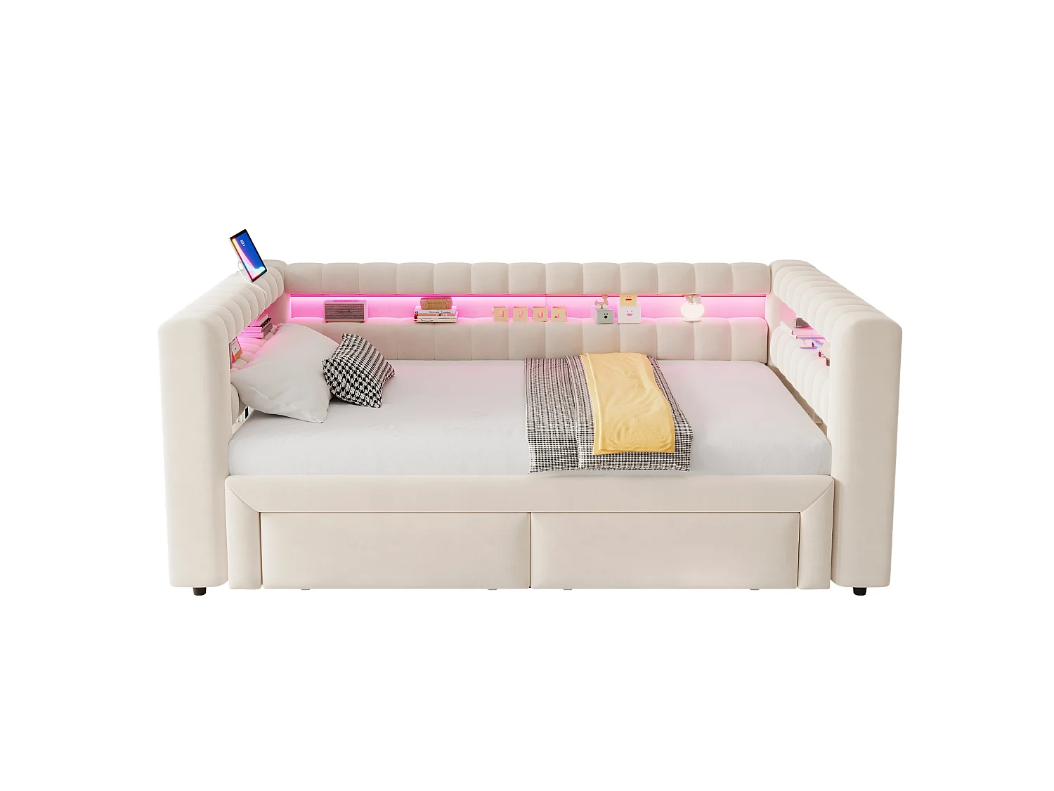 Canapé-lit capitonné 180 × 190 cm - avec lit gigogne - avec 2 tiroirs - avec éclairage LED - avec ports USB + Type-C - Beige (matelas non inclus)