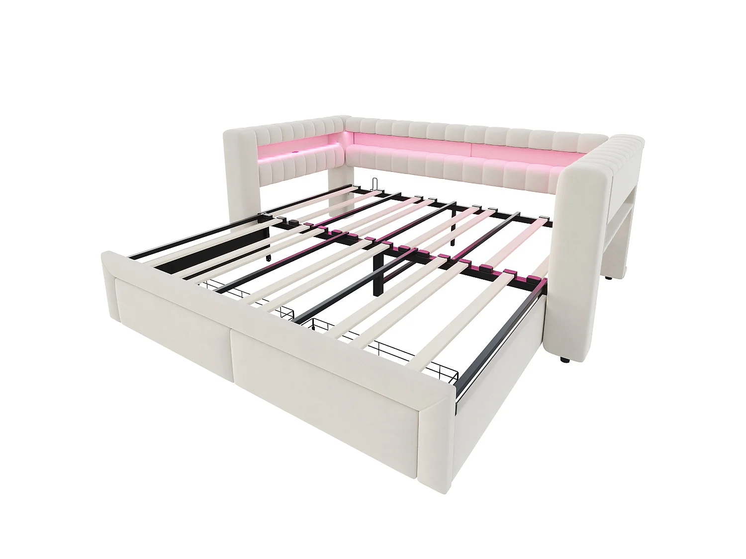 Canapé-lit capitonné 180 × 190 cm - avec lit gigogne - avec 2 tiroirs - avec éclairage LED - avec ports USB + Type-C - Beige (matelas non inclus)