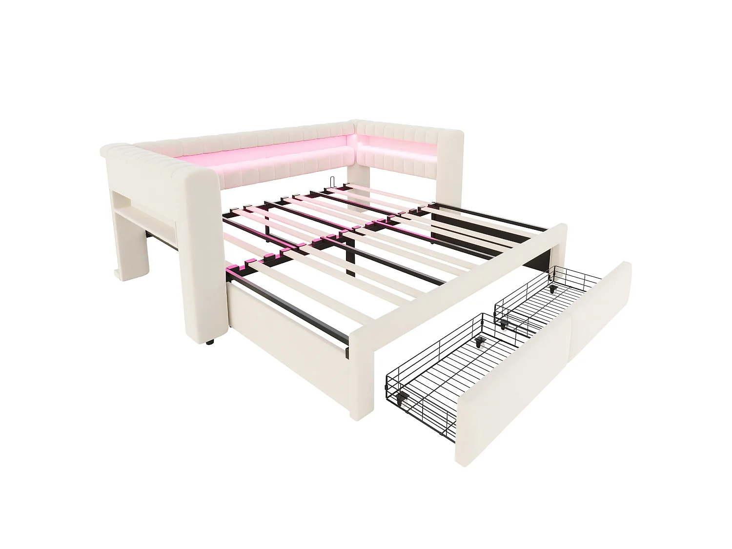 Canapé-lit capitonné 180 × 190 cm - avec lit gigogne - avec 2 tiroirs - avec éclairage LED - avec ports USB + Type-C - Beige (matelas non inclus)