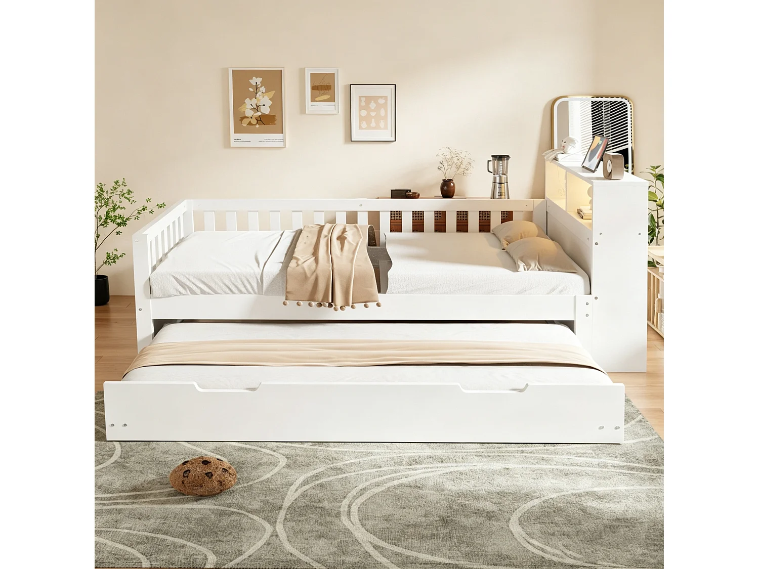Lit multifonctionnel en bois 90×200cm - avec lit gigogne - avec prises électriques - avec lumières LED - blanc (matelas non inclus)