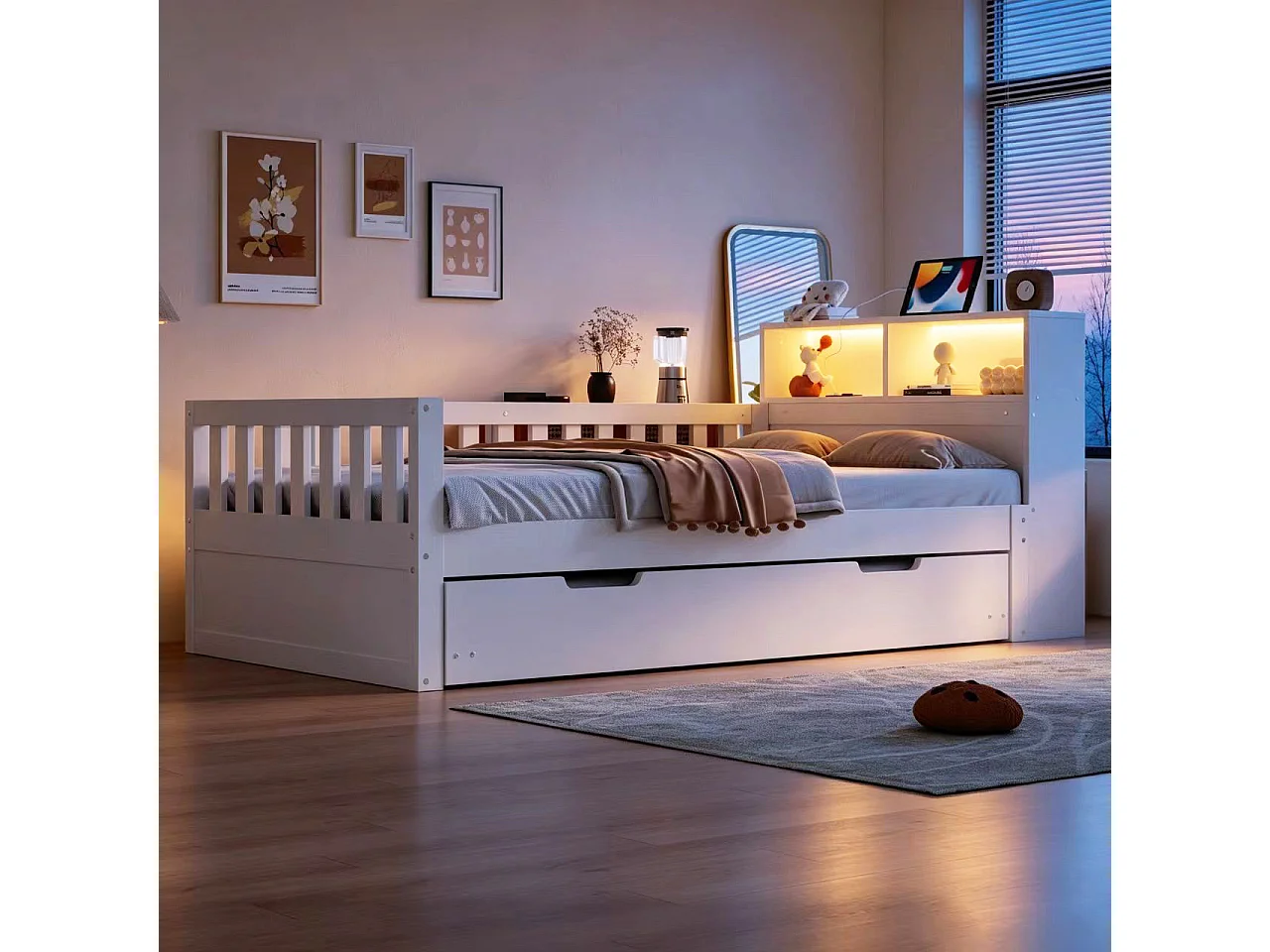 Lit multifonctionnel en bois 90×200cm - avec lit gigogne - avec prises électriques - avec lumières LED - blanc (matelas non inclus)