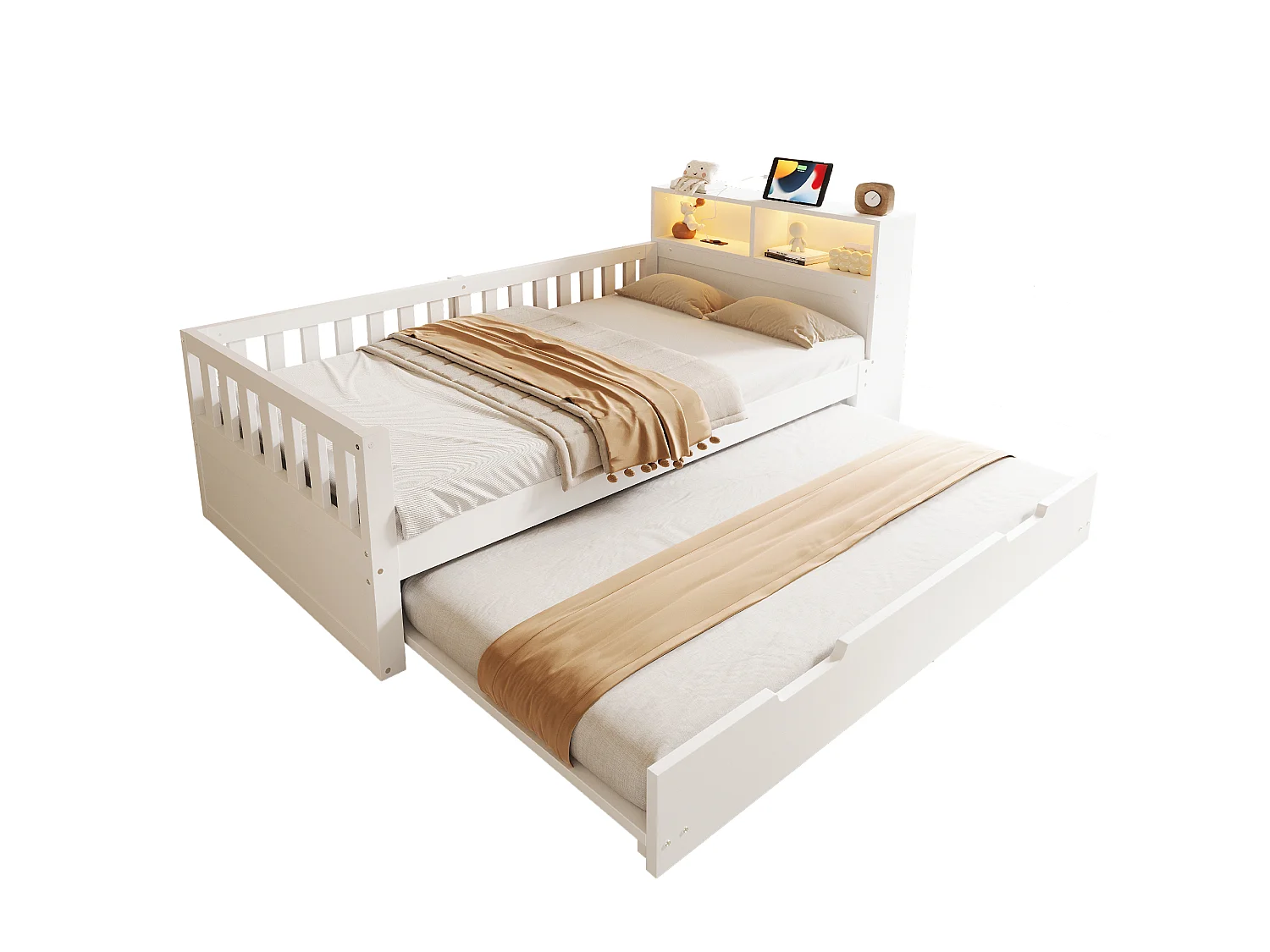 Lit multifonctionnel en bois 90×200cm - avec lit gigogne - avec prises électriques - avec lumières LED - blanc (matelas non inclus)