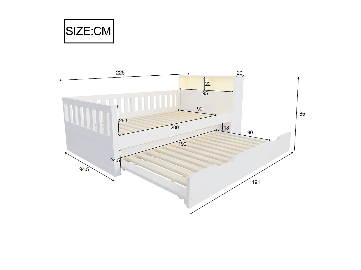 Lit multifonctionnel en bois 90×200cm - avec lit gigogne - avec prises électriques - avec lumières LED - blanc (matelas non inclus)