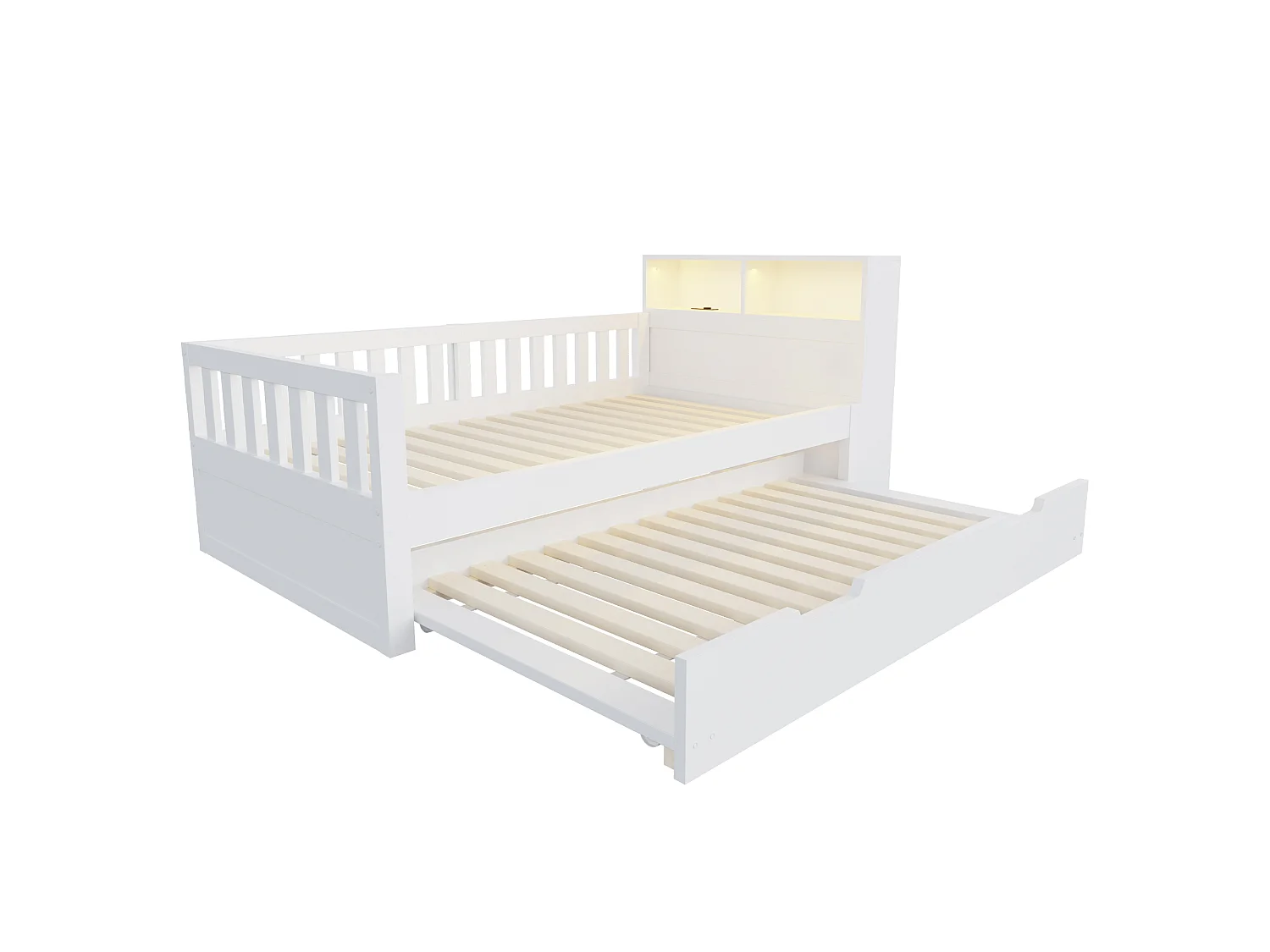 Lit multifonctionnel en bois 90×200cm - avec lit gigogne - avec prises électriques - avec lumières LED - blanc (matelas non inclus)