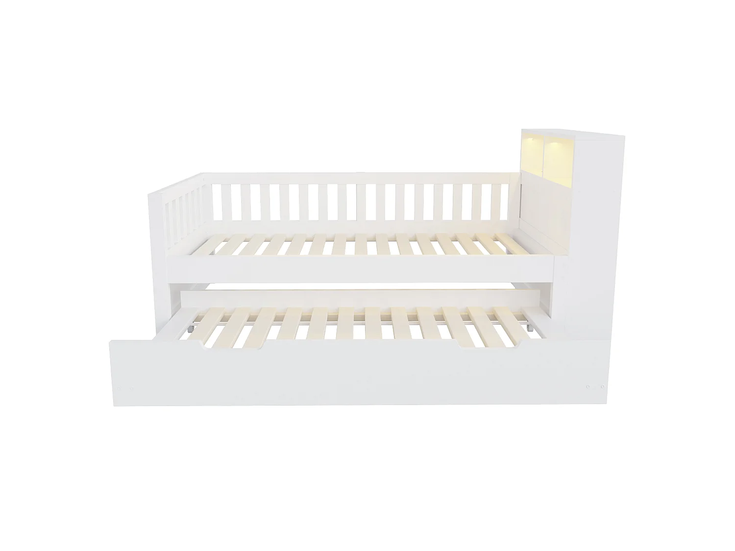 Lit multifonctionnel en bois 90×200cm - avec lit gigogne - avec prises électriques - avec lumières LED - blanc (matelas non inclus)