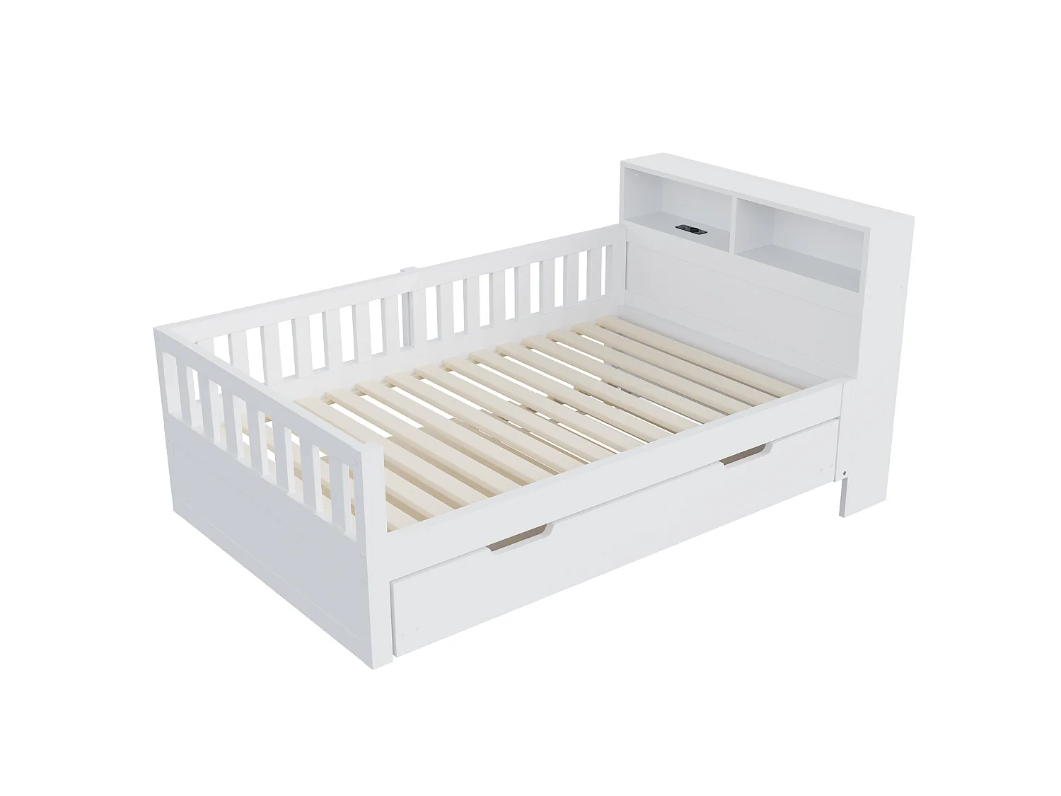 Lit multifonctionnel en bois 90×200cm - avec lit gigogne - avec prises électriques - avec lumières LED - blanc (matelas non inclus)