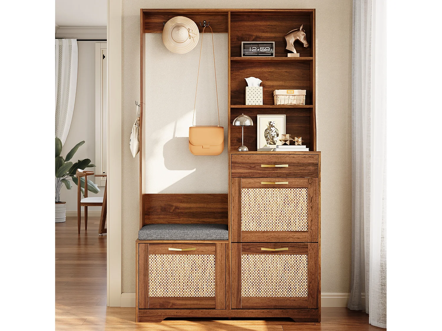 Meuble d'Entrée Multifonction 100x30x170cm - Vestiaire d'Entrée avec Banc, Meuble à Chaussures (3 Abattants), Tiroir - Noyer