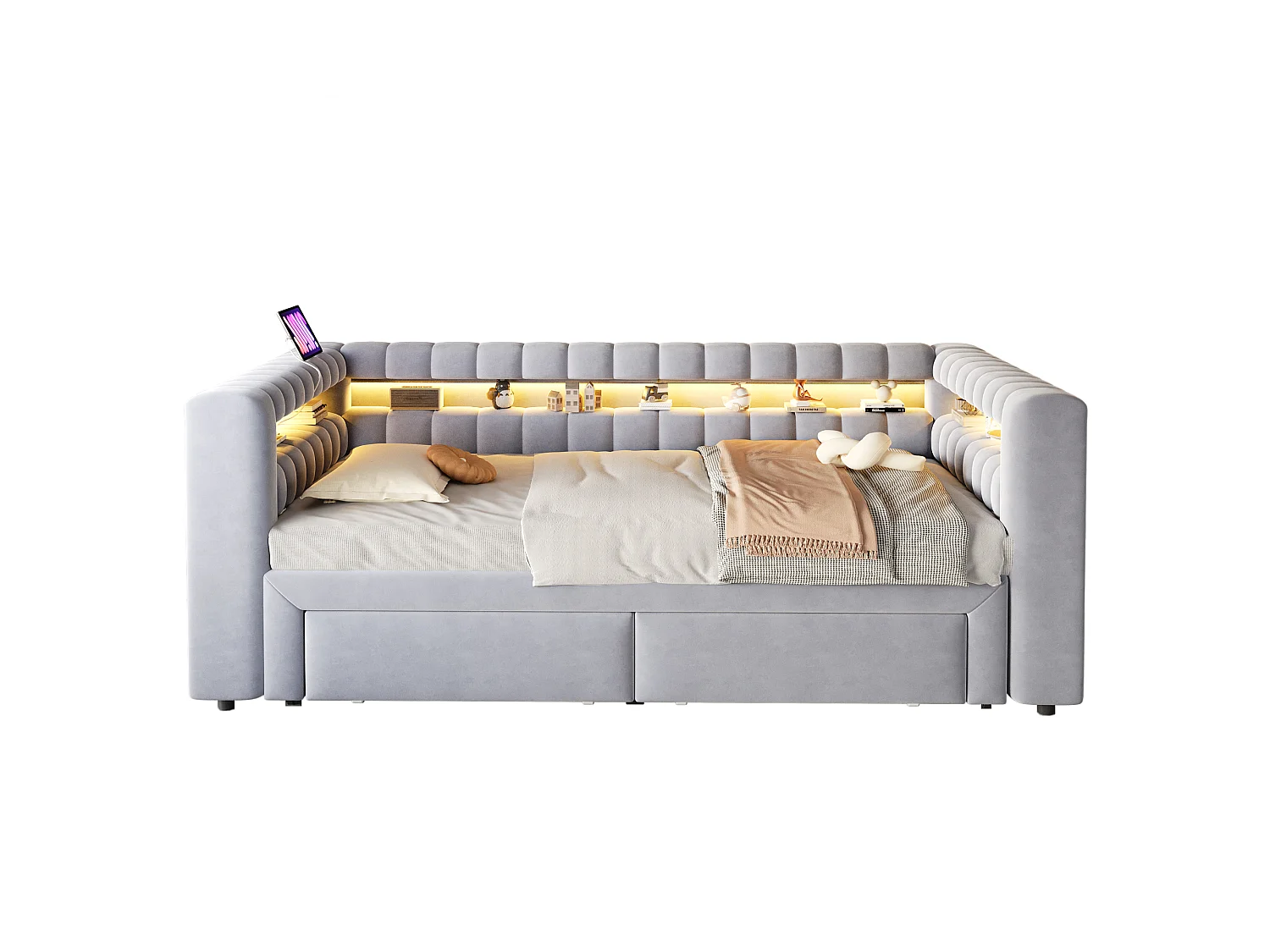 Canapé-lit capitonné 180 × 190 cm - avec lit gigogne - avec 2 tiroirs - avec éclairage LED - avec ports USB + Type-C - gris clair (matelas non inclus)