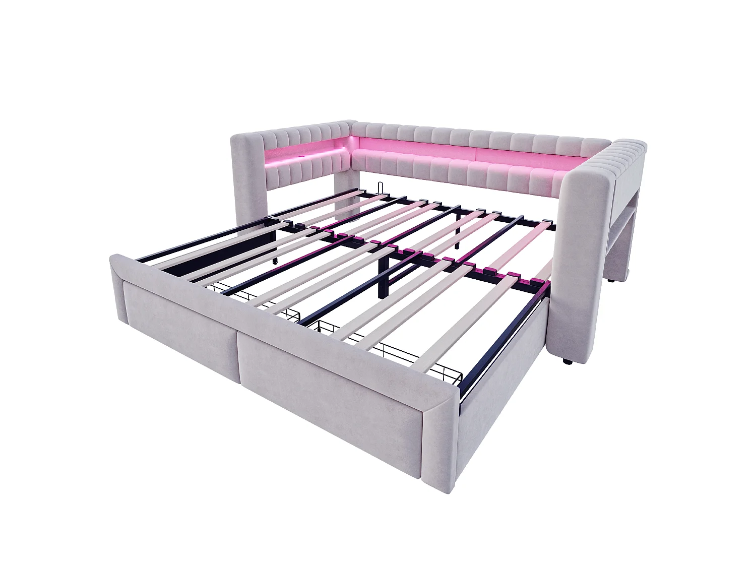 Canapé-lit capitonné 180 × 190 cm - avec lit gigogne - avec 2 tiroirs - avec éclairage LED - avec ports USB + Type-C - gris clair (matelas non inclus)