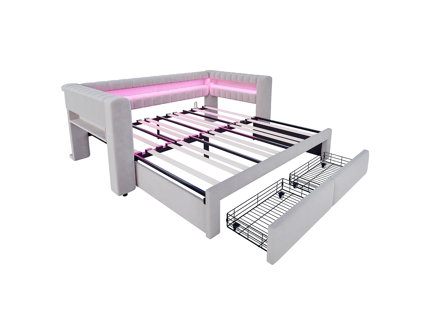 Canapé-lit capitonné 180 × 190 cm - avec lit gigogne - avec 2 tiroirs - avec éclairage LED - avec ports USB + Type-C - gris clair (matelas non inclus)