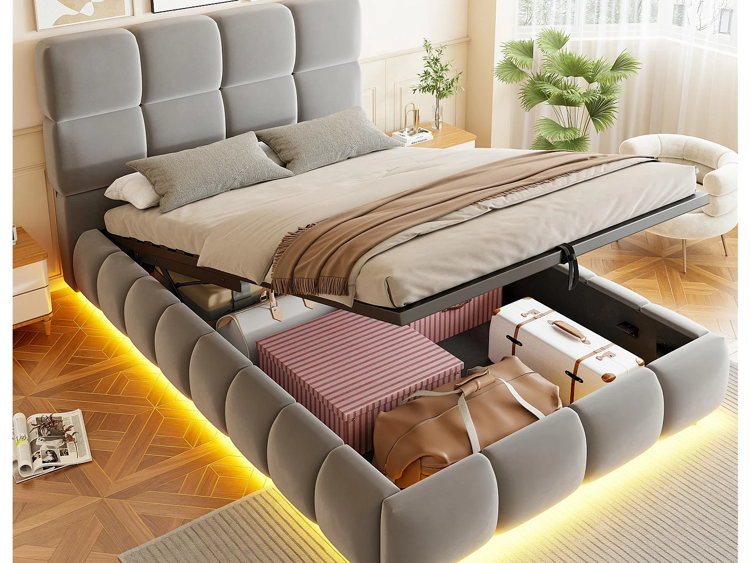 Lit coffre capitonné 90 x 200 cm - avec lumière LED - Tissu velours - gris (Matelas non inclus)