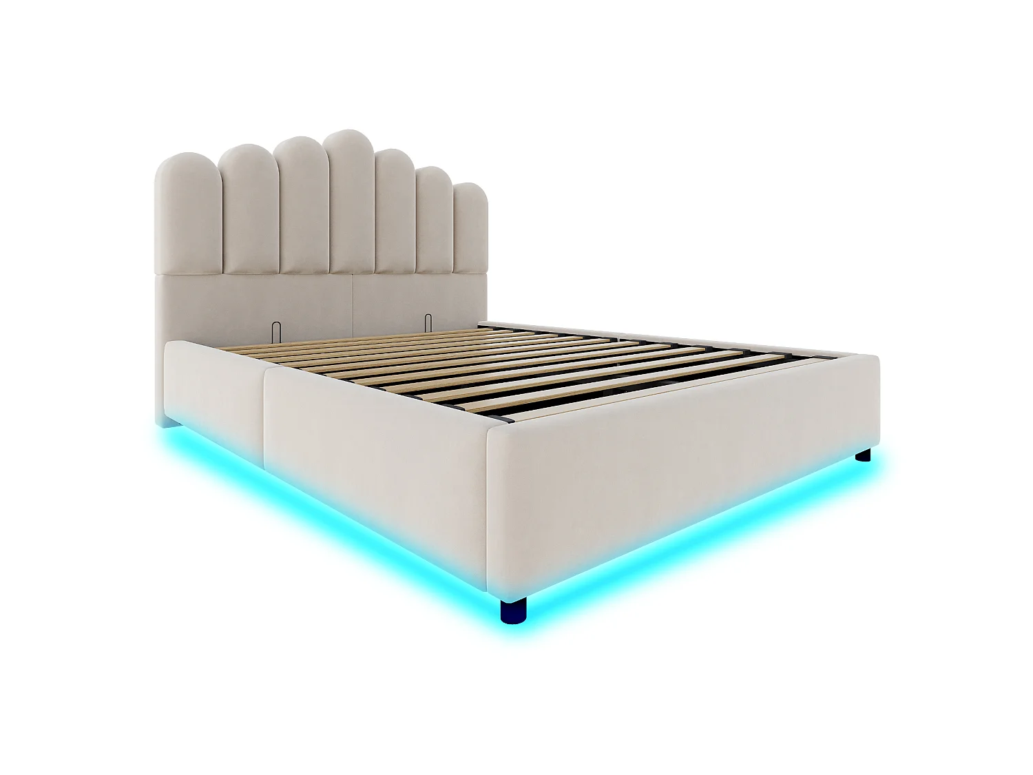 Łóżko skrzyniowe tapicerowane 140 × 200 cm - z oświetleniem LED - stelażem listwowym - tkaniną welurową - beż (materac nie wliczony)