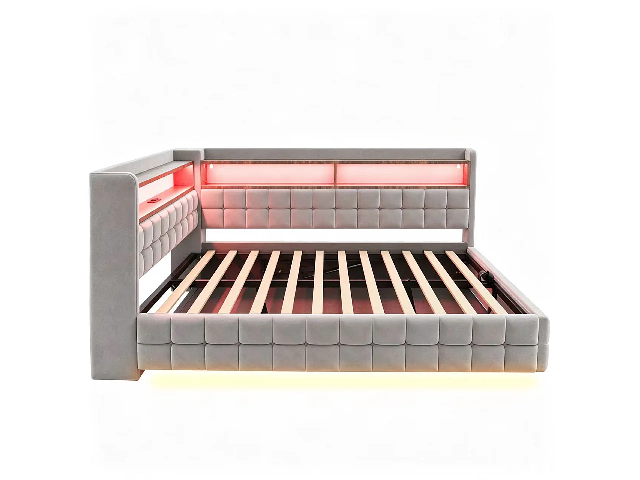 Canapé-lit coffre capitonné 140 × 200 cm - avec bande lumineuse LED - avec prise électrique - tissu velours - gris clair (matelas non inclus)