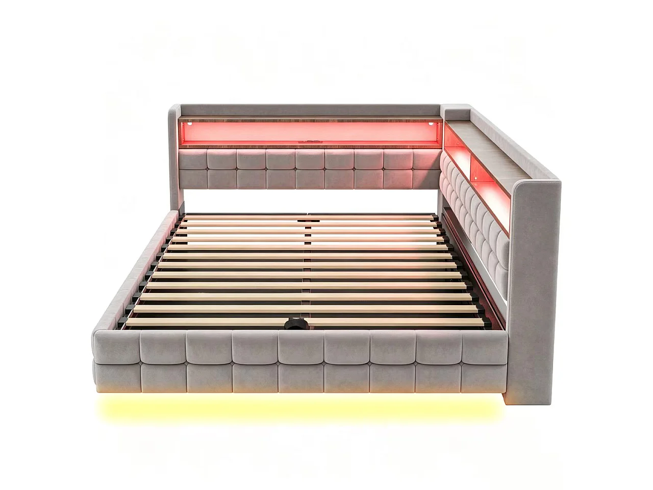 Canapé-lit coffre capitonné 140 × 200 cm - avec bande lumineuse LED - avec prise électrique - tissu velours - gris clair (matelas non inclus)