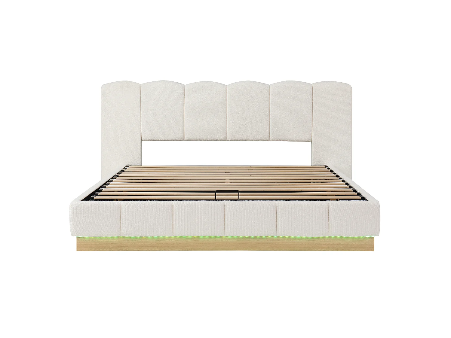 Łóżko podwójne z pojemnikiem tapicerowane 180x200 cm - z stelażem listwowym - z oświetleniem LED - tkanina bouclé - biały (materac nie wliczony)