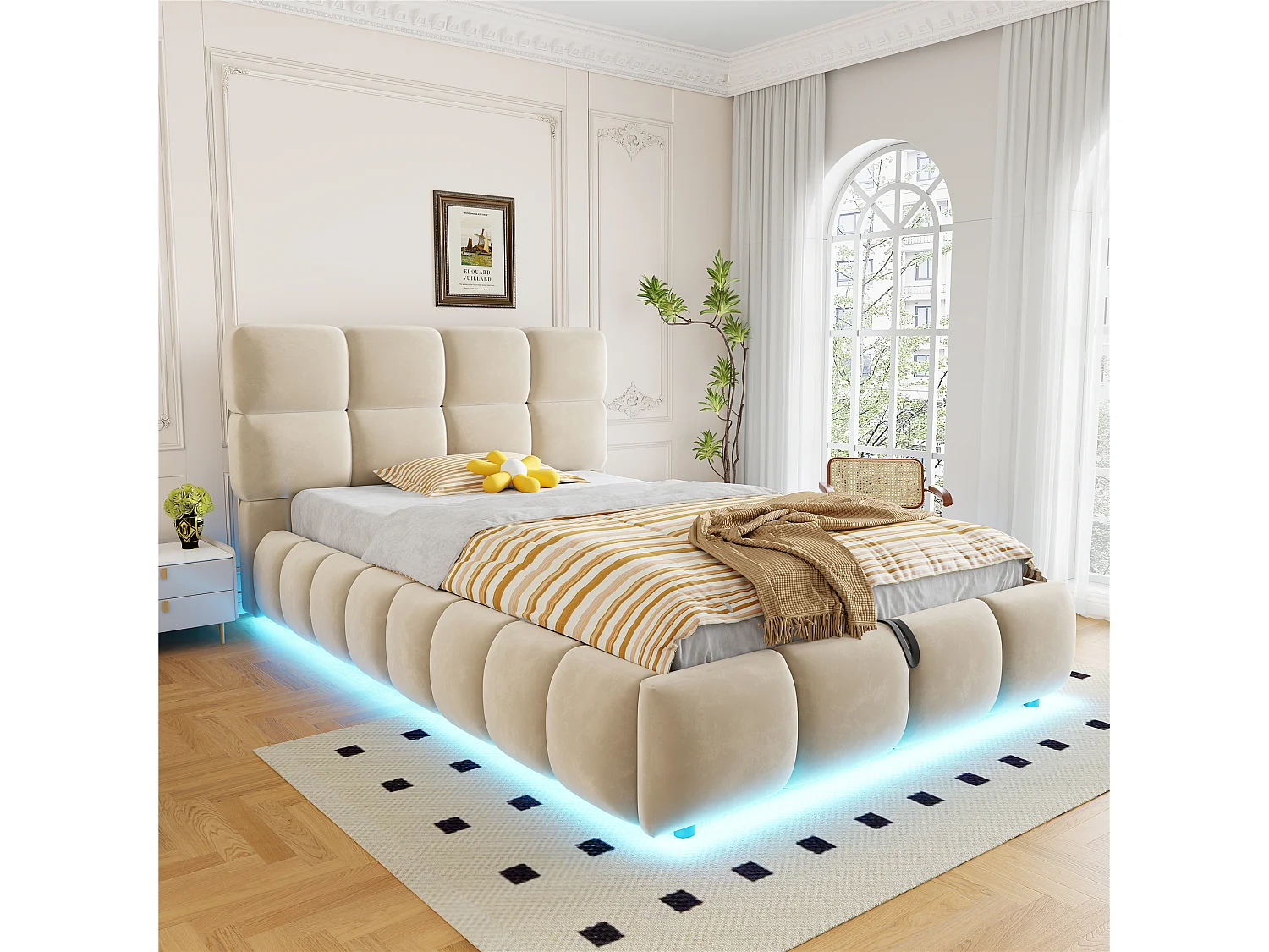 Lit coffre capitonné 90 x 200 cm - avec lumière LED - Tissu velours - Beige (Matelas non inclus)