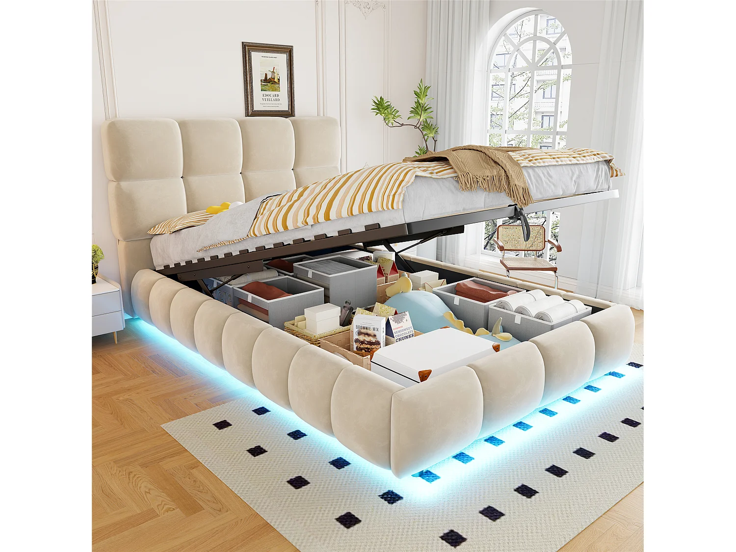 Lit coffre capitonné 90 x 200 cm - avec lumière LED - Tissu velours - Beige (Matelas non inclus)