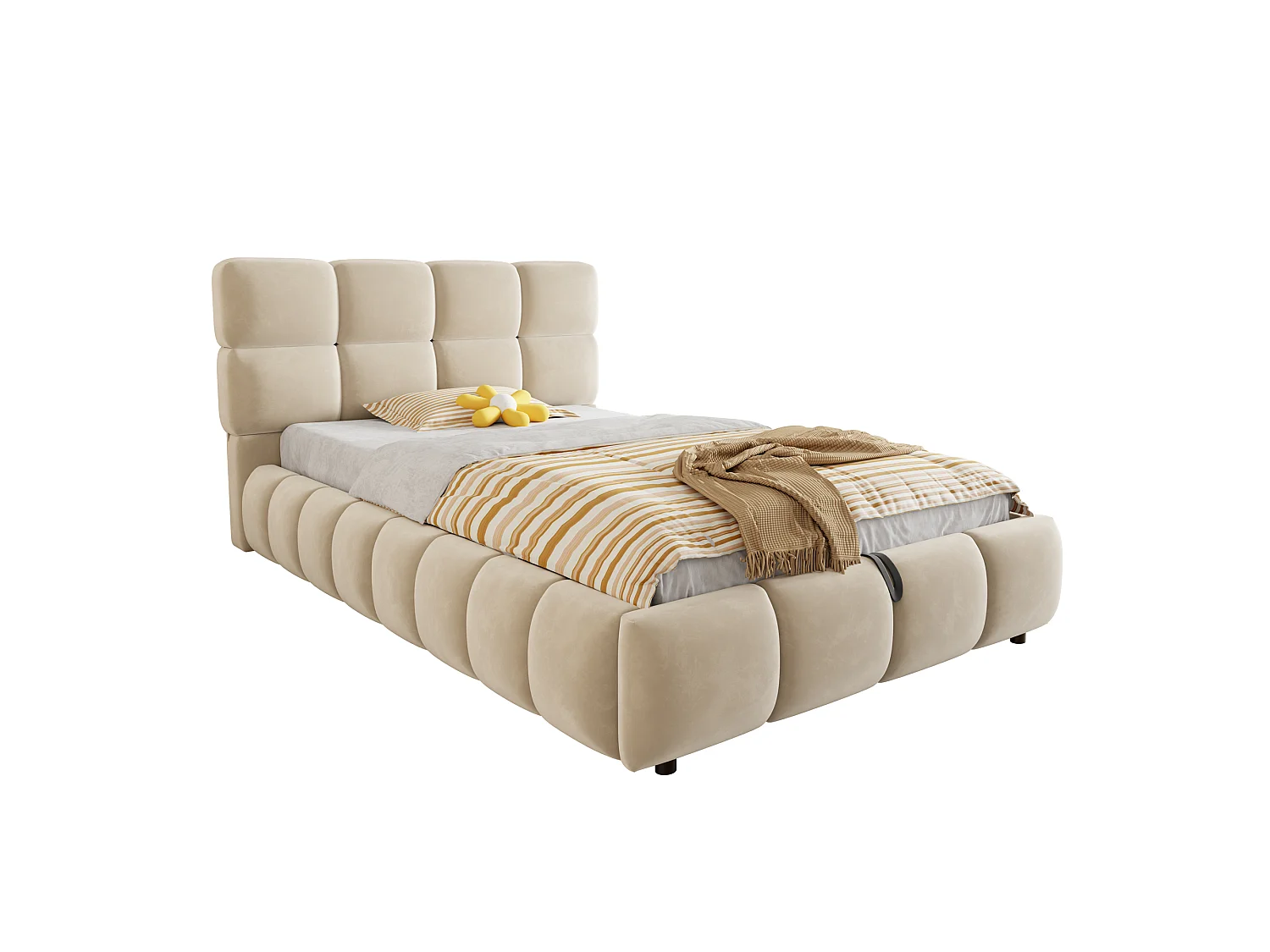 Lit coffre capitonné 90 x 200 cm - avec lumière LED - Tissu velours - Beige (Matelas non inclus)
