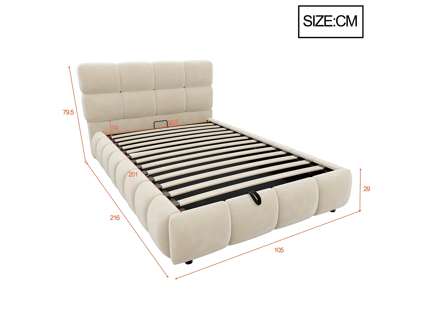 Lit coffre capitonné 90 x 200 cm - avec lumière LED - Tissu velours - Beige (Matelas non inclus)
