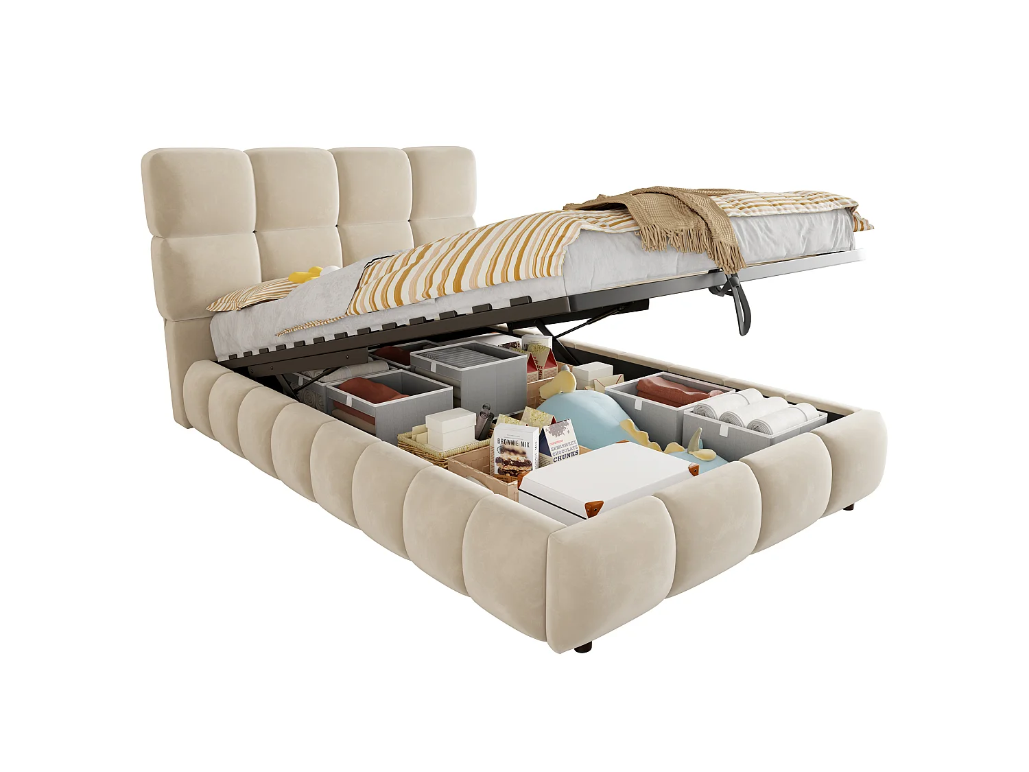 Lit coffre capitonné 90 x 200 cm - avec lumière LED - Tissu velours - Beige (Matelas non inclus)