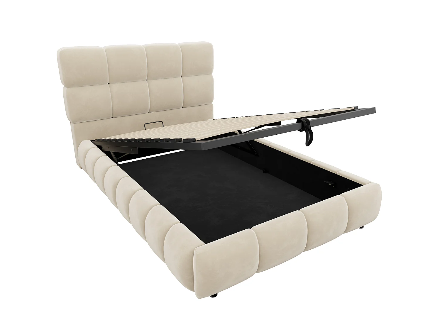 Lit coffre capitonné 90 x 200 cm - avec lumière LED - Tissu velours - Beige (Matelas non inclus)