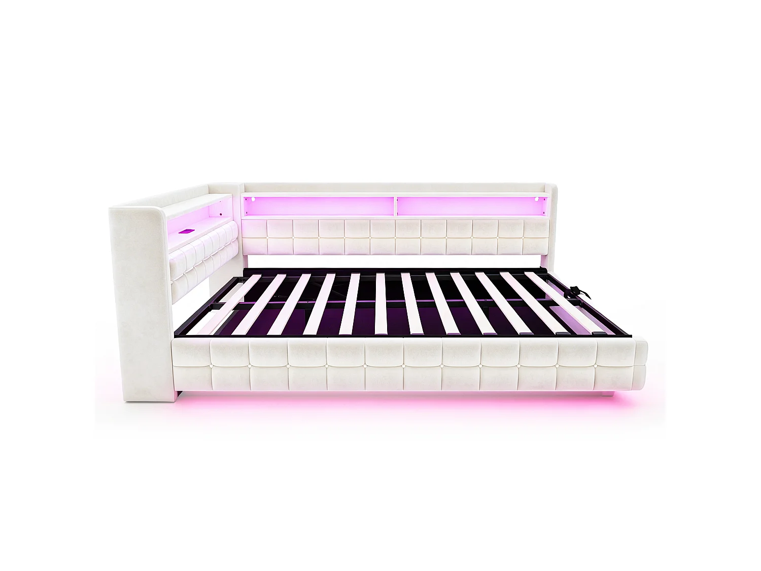 Canapé-lit coffre capitonné 140 × 200 cm - avec bande lumineuse LED - avec prise électrique - tissu velours - beige(matelas non inclus)
