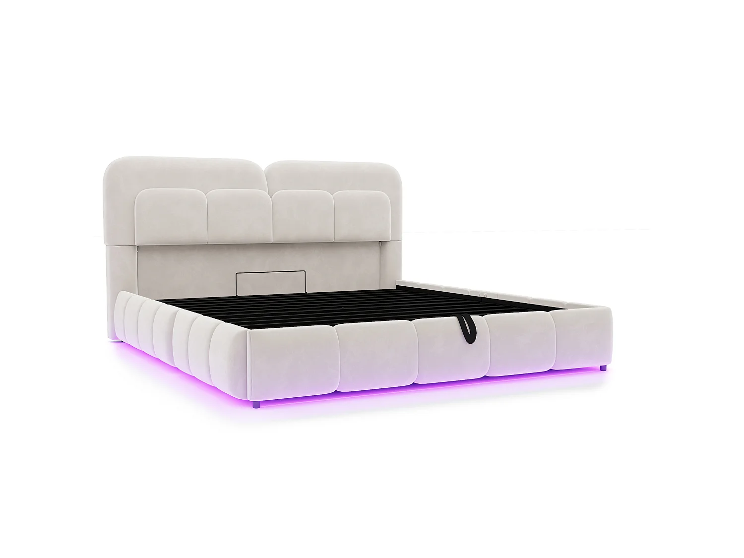 Lit coffre capitonné 140 x 200 cm - avec éclairage LED - Tissu velours - Beige (Matelas non inclus)